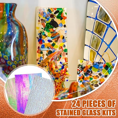 Vista 18 de Treela 24 hojas de vitrales de 4 x 6 pulgadas, suministros de vitrales para proyectos de vitrales, variedad de mosaicos, vidrios de colores surtidos