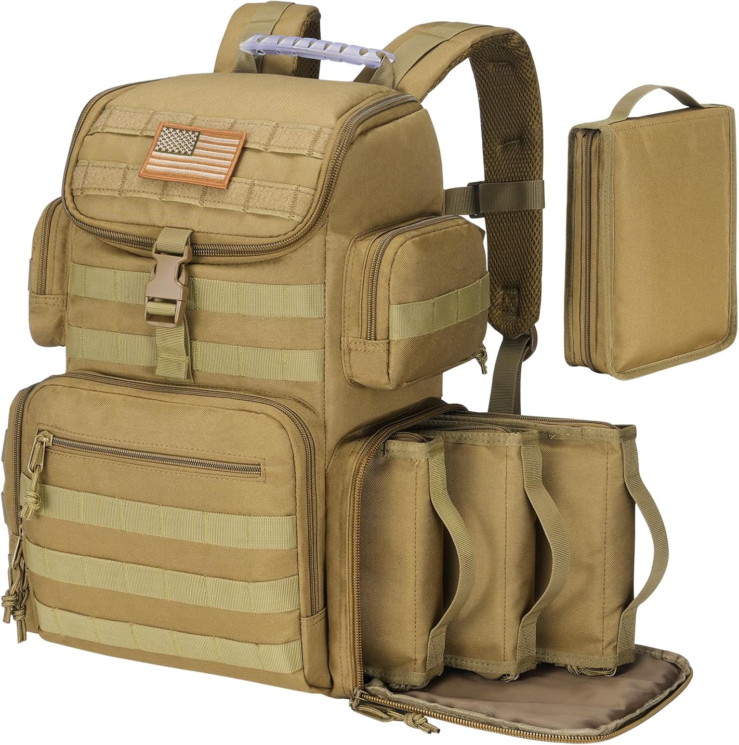 CVLIFE Tactical Range Backpack with Removable Divider, Gun Cases Bag with 4 Pistol Carrying Cases, Rucksack for Shooting (Tan, Medium)