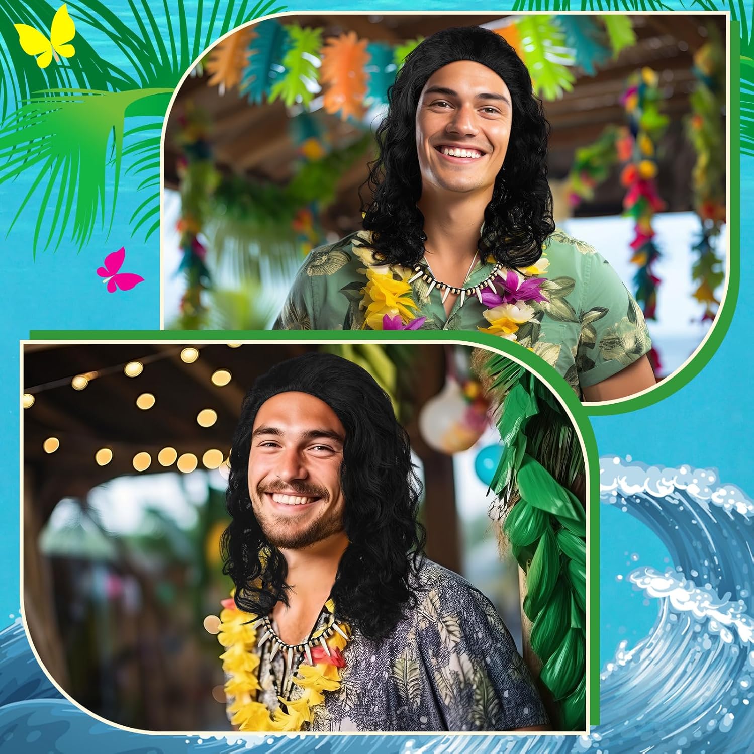 2 Pcs Halloween Costume Accessories for Men: Curly Wig & Hawaiian Tribal Tooth Necklace - Black, One Size - Image 7