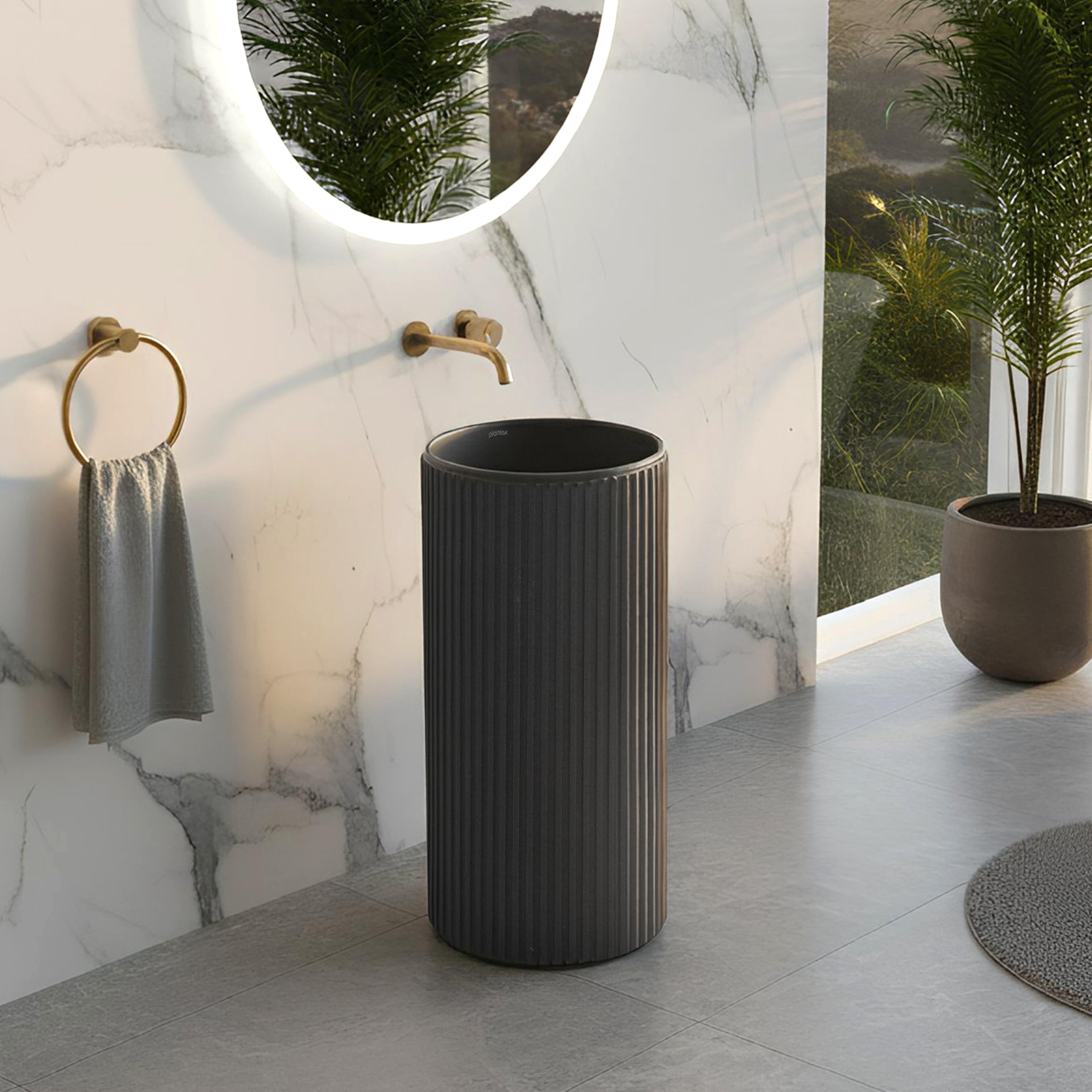 Plantex Matt Acrylic Resin & Quartz Pedestal Basin For Bathroom/One Piece Pedestal Free Standing Round Wash Basin For Living Room/Hotel (Grey)