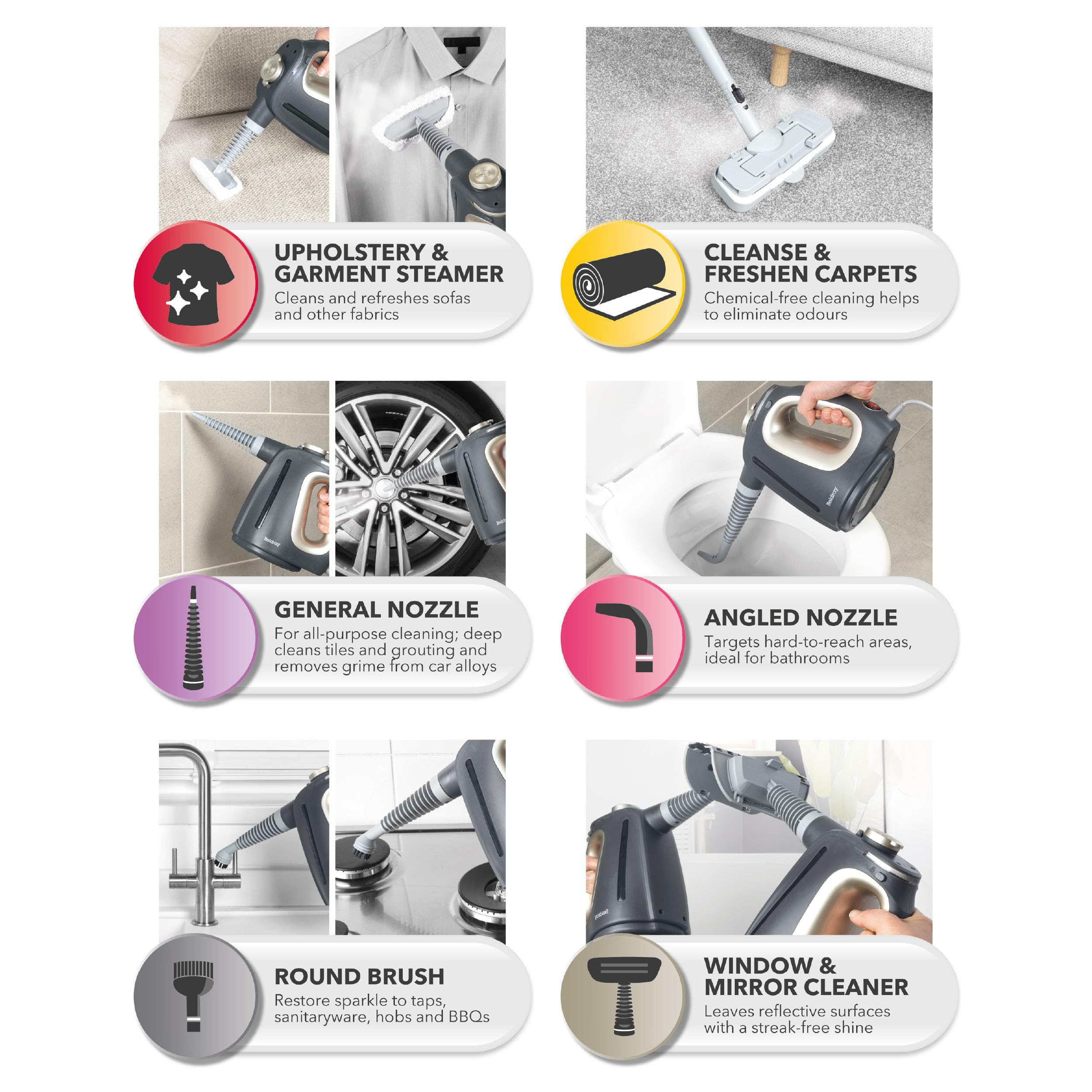 Pulitore a vapore 15 in 1 Beldray – Pulitore portatile multifunzione, pulizia senza prodotti chimici, pronto in 20 secondi, include spazzole, tamponi per mocio e ugelli, 550 ml, 1350W, BEL01987VDE