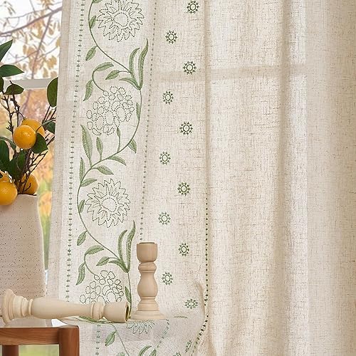 Lazzzy Boho Linen Blend Curtains for Living Room Bedroom 63 Inches Length Embroidered Floral Curtains Farmhouse Rod Pocket Drapes Light Filtering Window Treatments Green on Beige 2 Panels Set