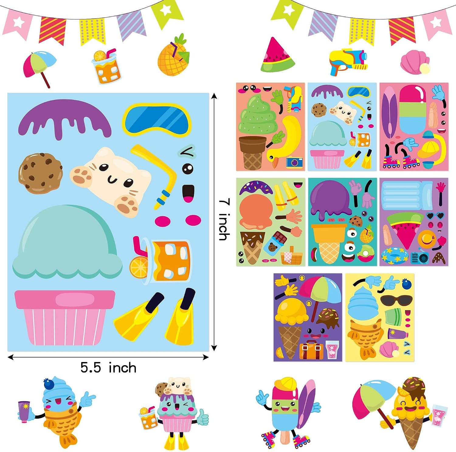ANGOLIO 40 Sheets Ice Cream Make a Face Stickers, DIY Mix and Match Dessert Sticker Sheets, Vinyl Waterproof Easy to Peel Party Favors for Summer Birthday Classroom Rewards Game Art Crafts Decor