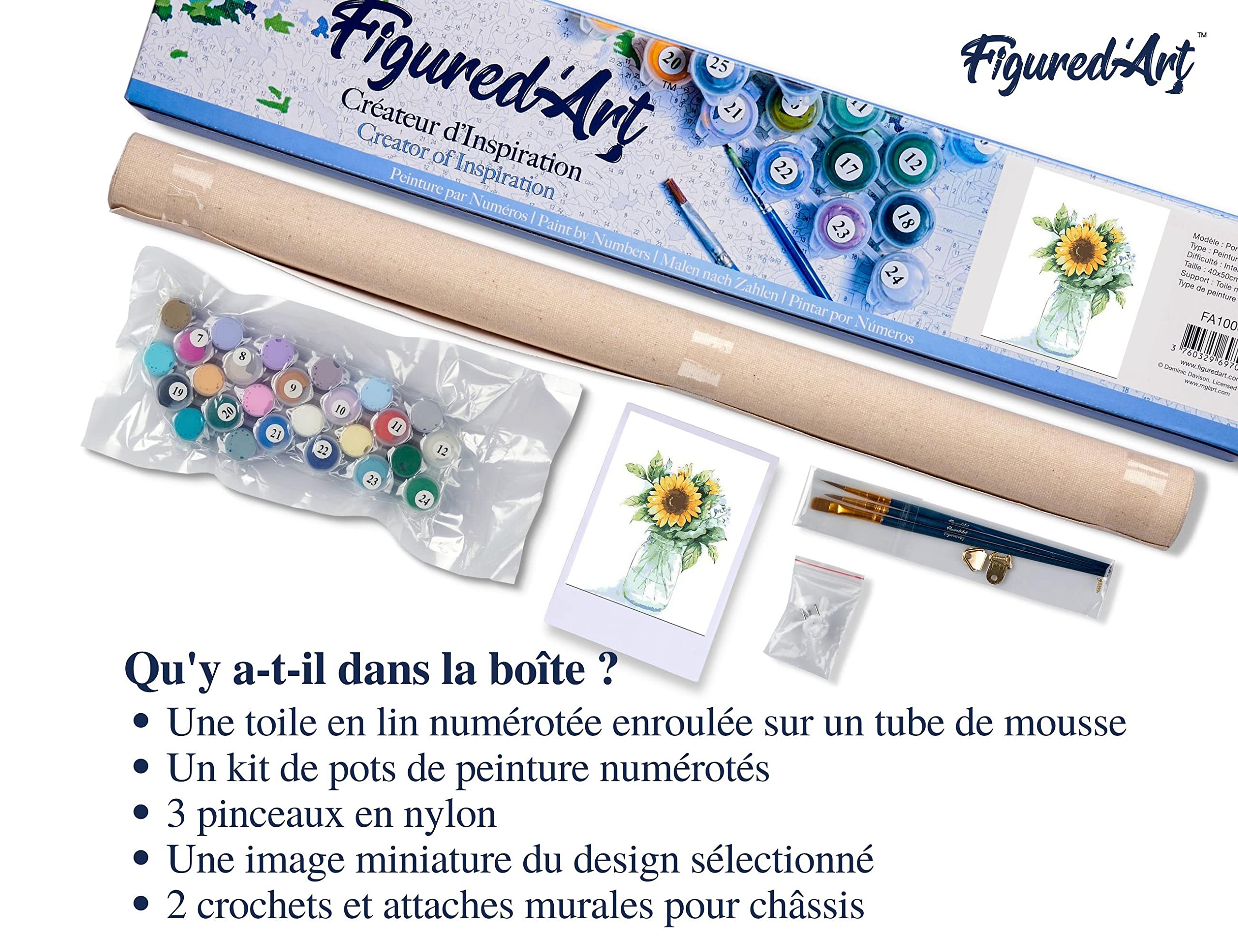Figured'Art Peinture Par Numéro Adulte - Bocal De Tournesols - Kit Complet Toile 40x50cm Avec Châssis Bois à Monter - Fabriqué En France