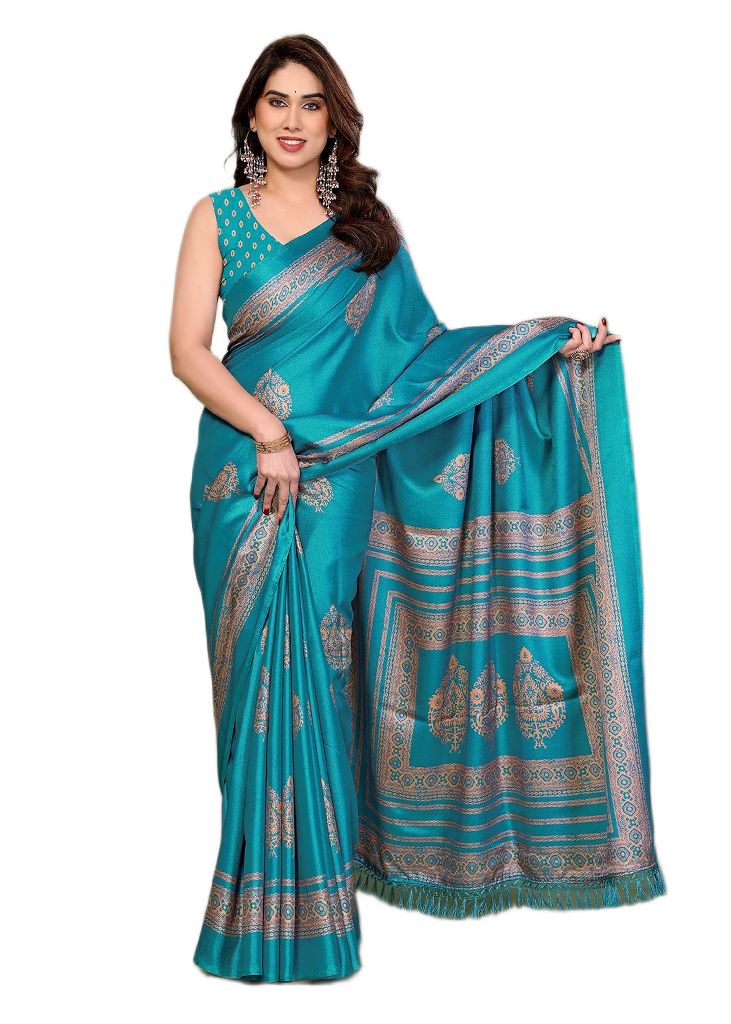 amazon brand - tavasya Printed Blocked Printed Daily Wear Chiffon Georgette Saree With Blouse-picture-23