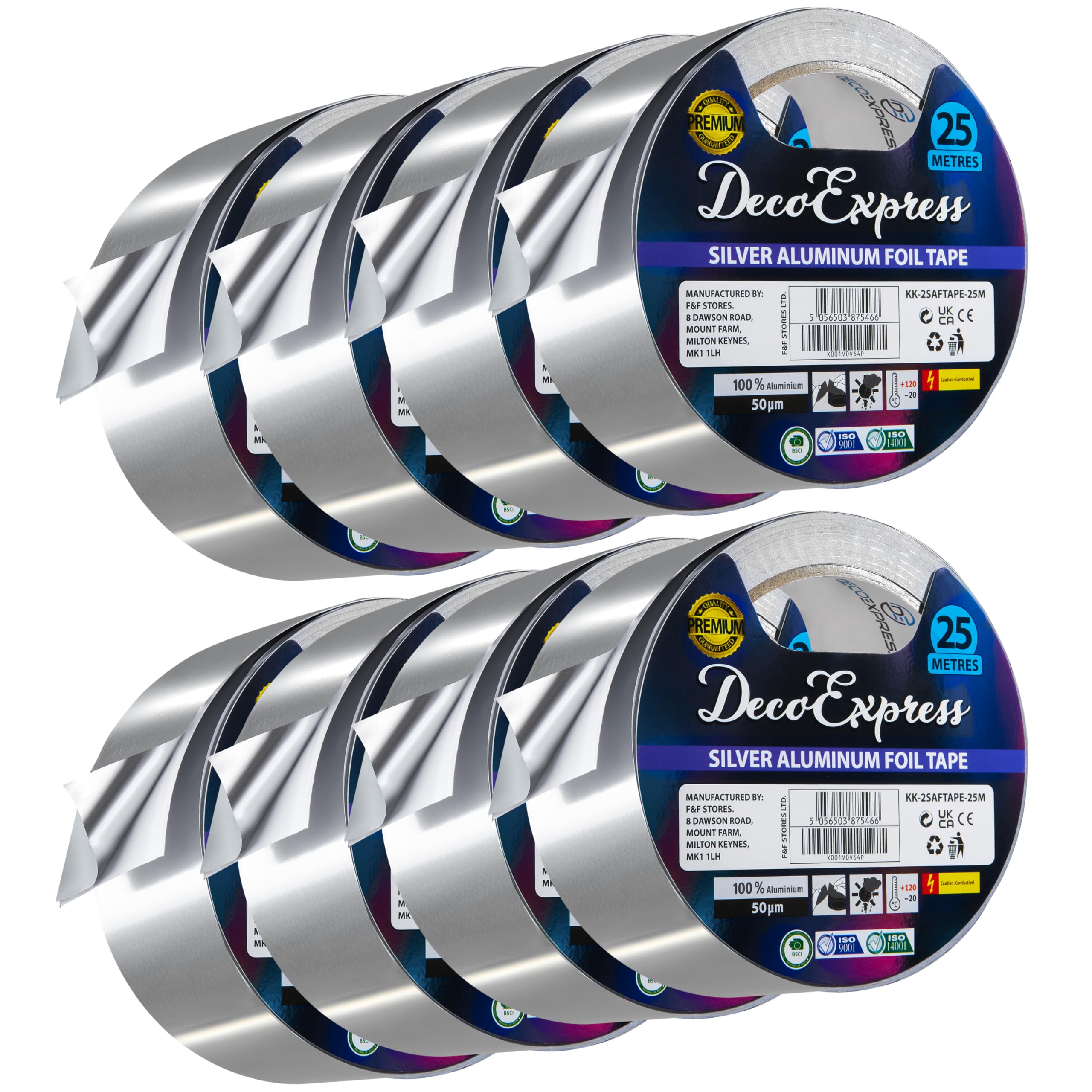 DECO EXPRESS Aluminium Foil Tape Adhesive Insulating Sealer 4.5cm x 10m/25m/50m Heat Resistant Waterproof Insulation Tape (25 M, 8 Pcs)