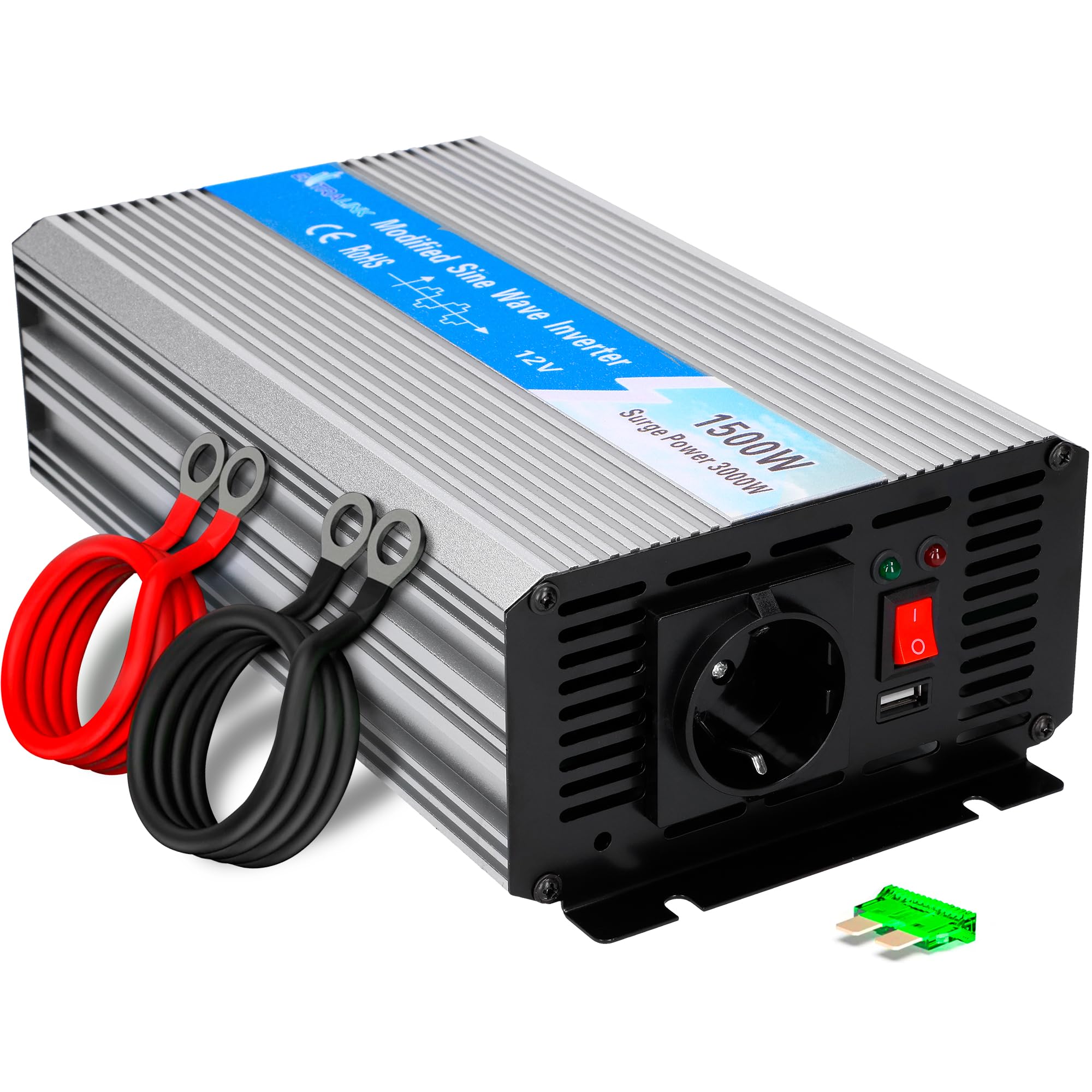 EXTRALINK Wechselrichter 12V auf 230V Modifizierter Sinsus 1500W 3000W Spitze – Spannungswandler mit USB, Lüfter & 4-Fach Schutz – für Auto, Wohnmobil, Boot, Camping, empfindliche Geräte, Solar