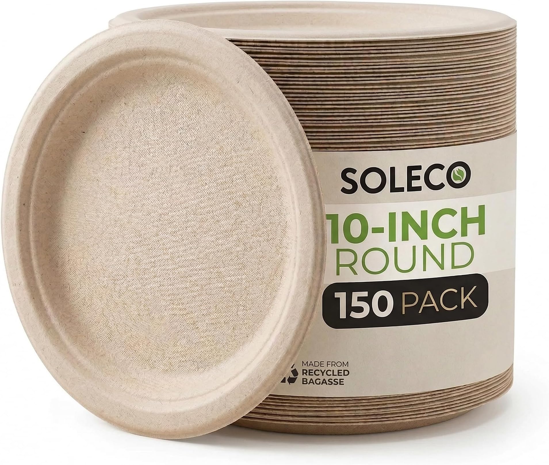 - SOLECO Compostable Paper Plates 10 Inch [150 Pack], Disposable Biodegradable Heavy Duty Paper Plates,Heat Resistant Alternative to Plastic or Paper,Made of Natural Sugarcane Fibers