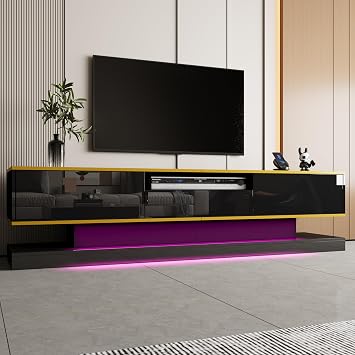 ModernLuxe High Gloss TV Unit with 3 Drawers and Open Compartment, Stylish TV Stand Cabinet with Color-Changing LED Lights, Elegant Modern Entertainment Center for Living Room, Black, 180 × 38 × 45 cm