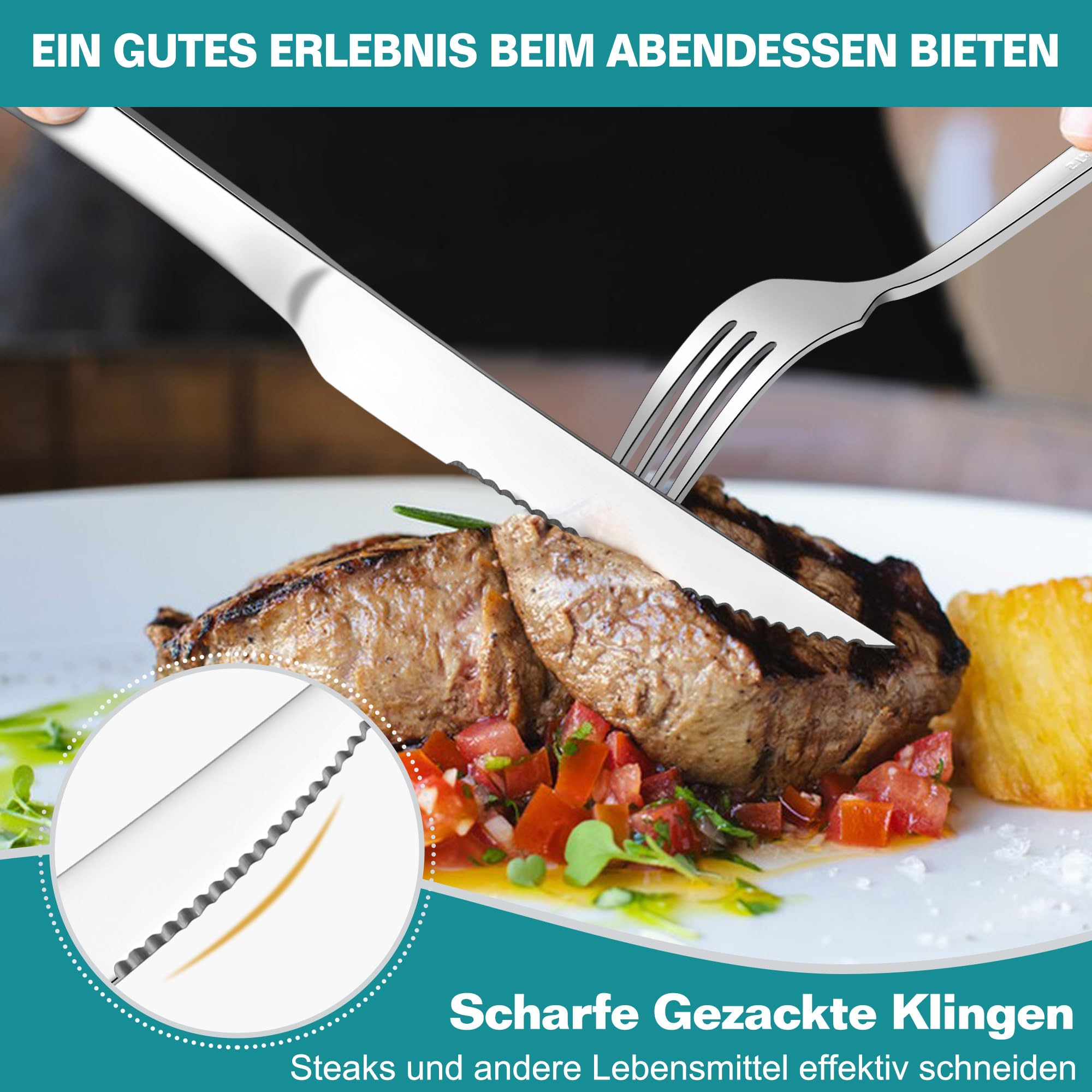 Homikit Lot de 24 couverts à steak en acier inoxydable - Couteaux et fourchettes à steak - Couverts pour 12 personnes - Couteaux de table argentés