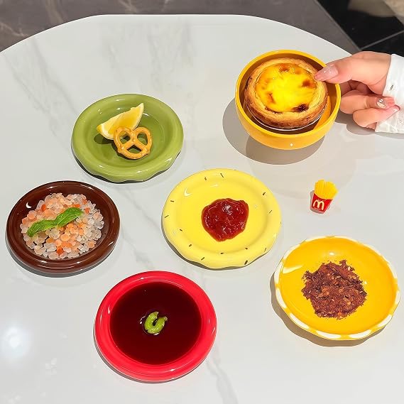 Unique Design Sauce Dish, Ceramic Sauce Bowl for Kitchen Counter, Decorative Modern Bowl, Small Christmas Gift & Decor, Chip and Dip Serving Set (Yellow)