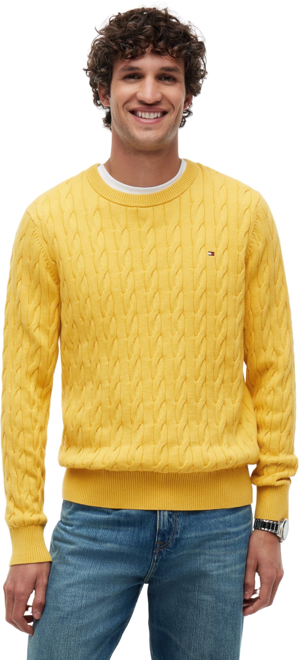 Tommy Hilfiger Men's Yellow Flag Embroidery Cable Knit Jumper