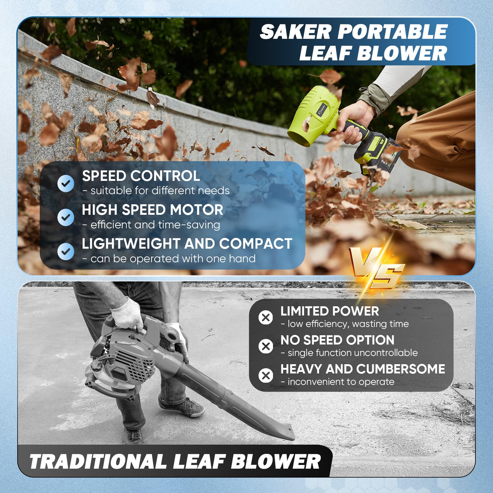 Saker Soplador de hojas inalámbrico portátil limpiador de polvo soplador de mano 180000 RPM con velocidad ajustable para el cuidado del césped y limpieza de polvo del patio, 2 baterías, verde con