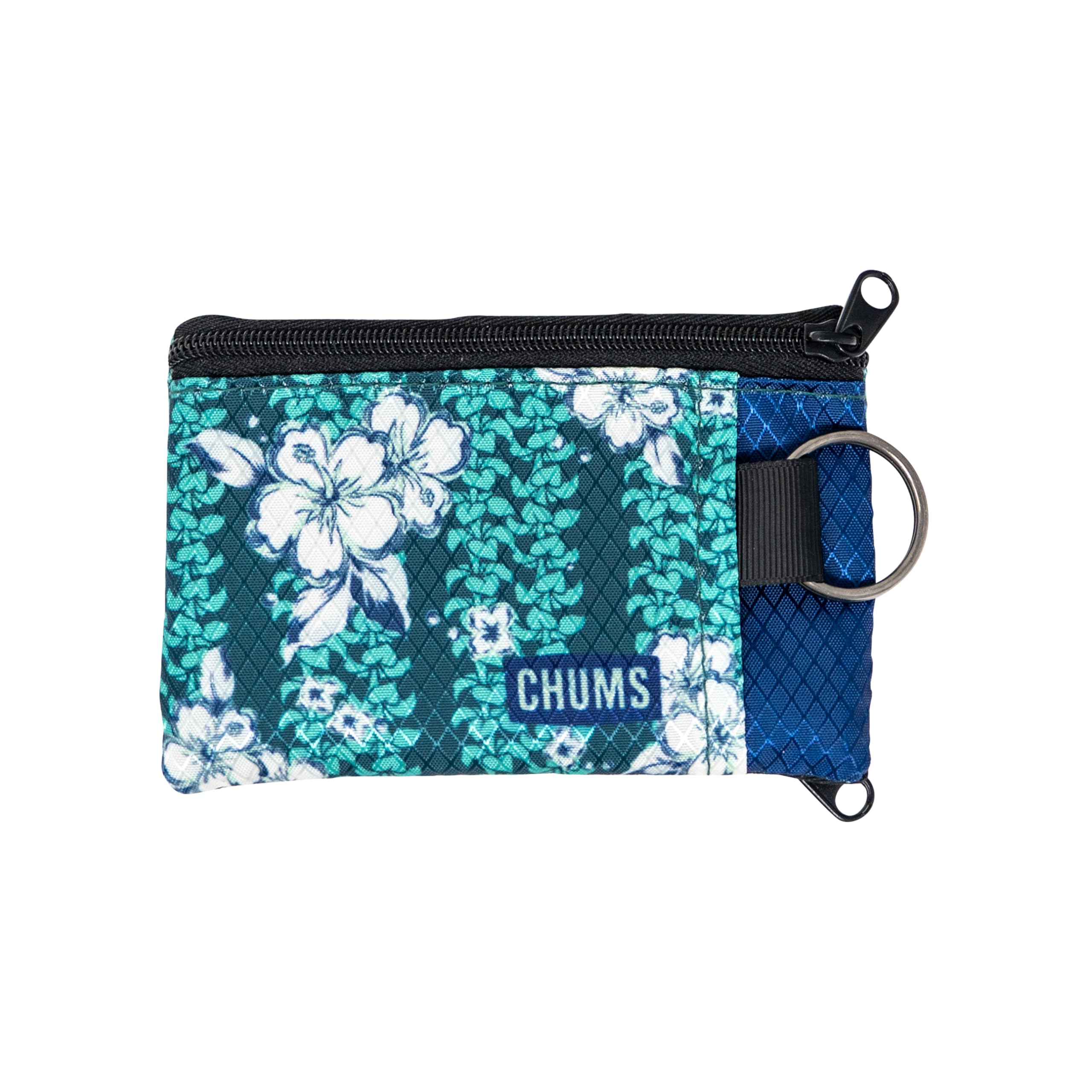 Chums Surfshorts Wallet - Lightweight Slim Wallet with RFID Blocking Card & Clear ID Window - Zippered, Water Resistant w/Key Ring (Hawaiian Floral)