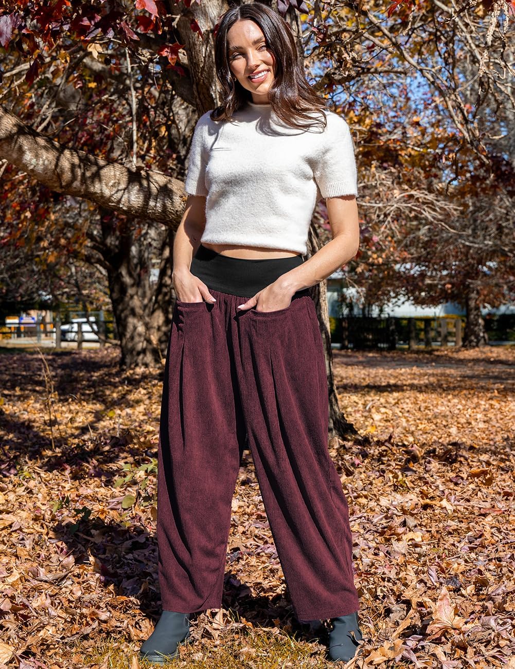 TARSE Womens Corduroy Harem Pants Casual Elastic Waist Wide Leg Pants Boho Loose Fit Baggy Trousers with Pockets - Image 3