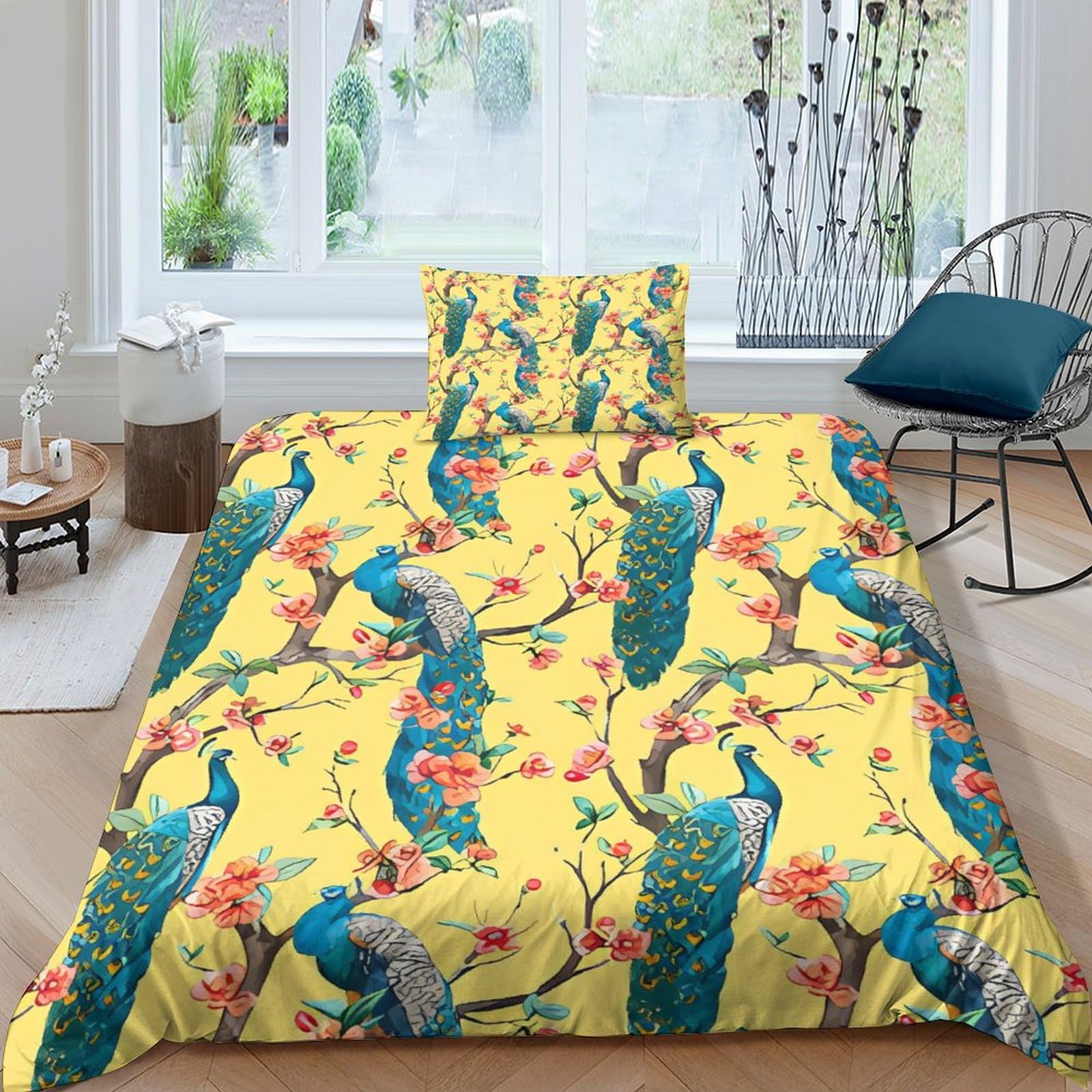 Housse de couette paon 135x200 cm avec taies d'oreiller pour lit single