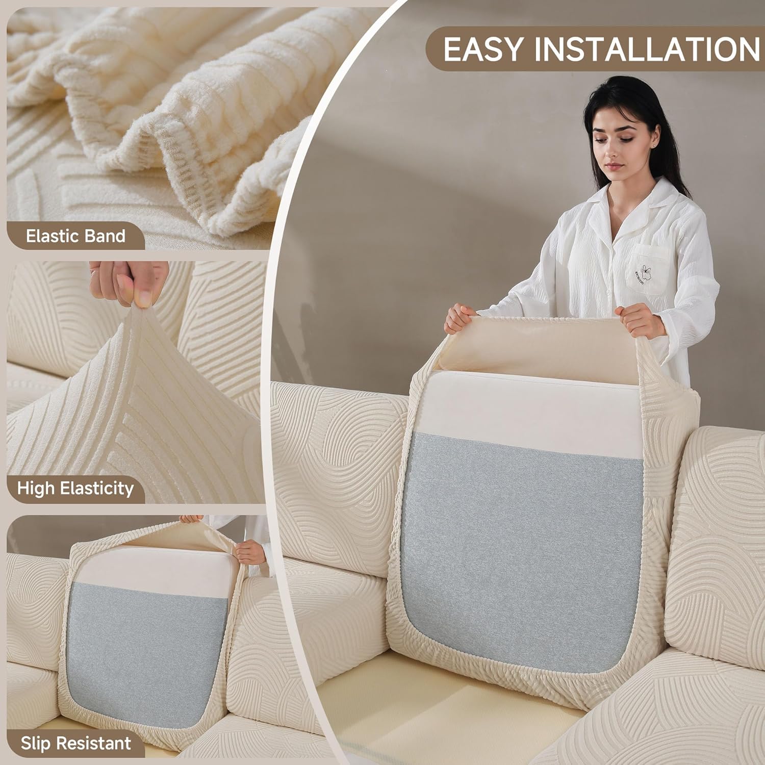 QIANMEW Couch Cushion Covers for Sectional and L Shaped Sofa, Stretch Soft Sofa Covers Washable Wear Resistant Slipcovers Furniture Protector Pet-Friendly (1PC Loveseat Cushion Cover, Ivory)