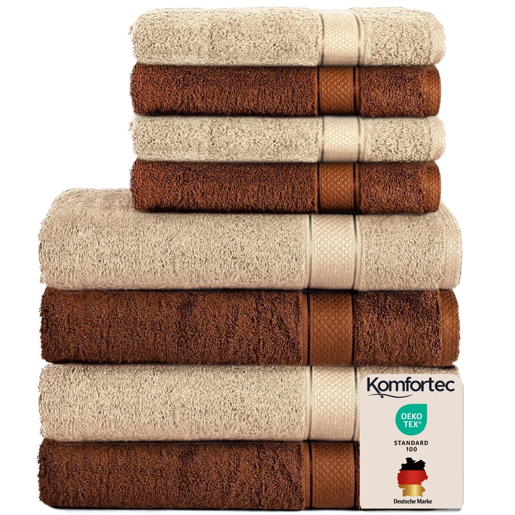 Komfortec Juego de 8 Toallas 100% Algodón | 4 Toallas de Baño 70 x 140 cm y 4 Toallas de Lavabo 50 x 100 cm – Juego de Toallas Suaves y Absorbentes – Marrón / Beige