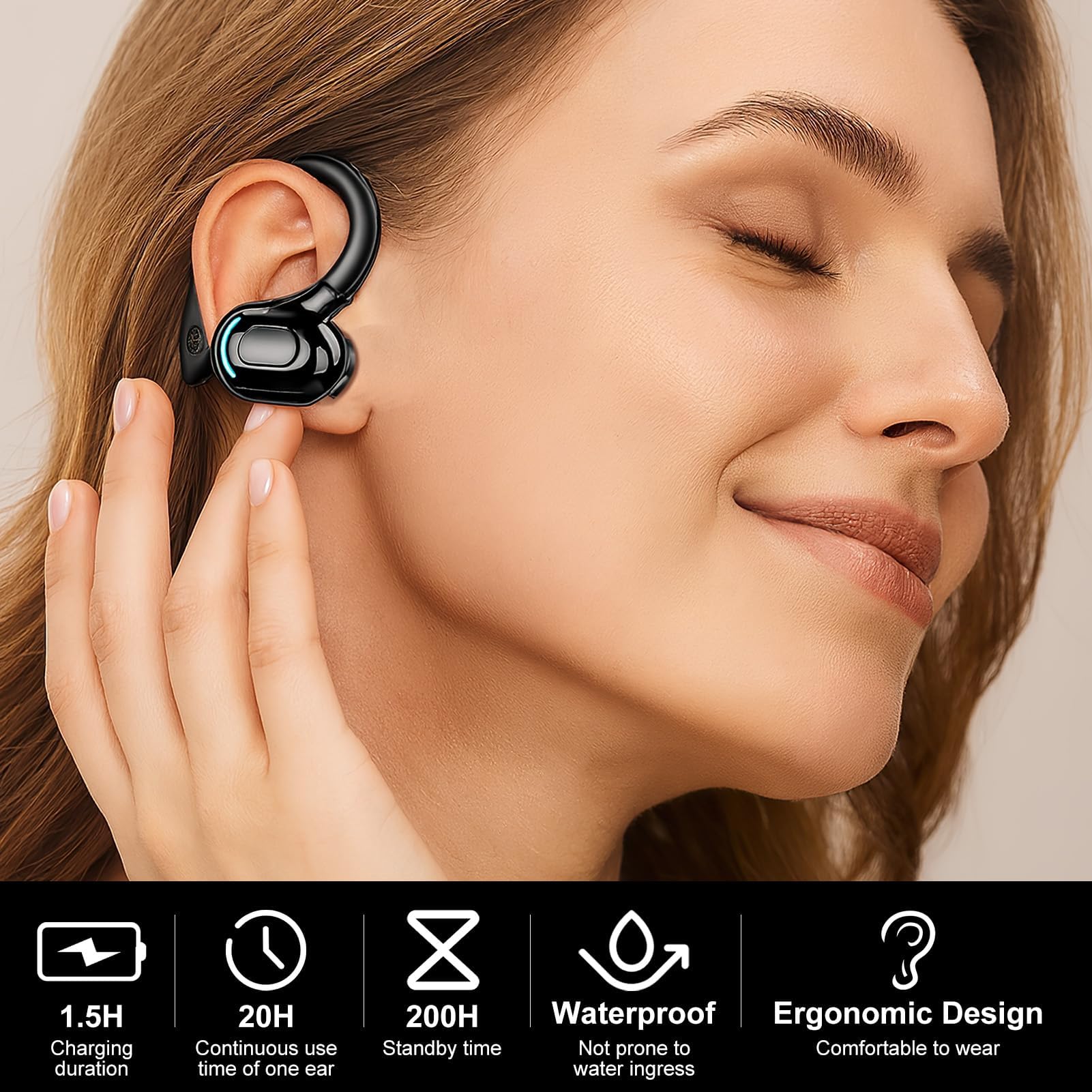 Auricolare Bluetooth senza fili V5.2 con microfono integrato Auricolare Mono Giro Orecchino 360° 20h di Lettura per iPhone Android PC Desktop Guida Affari Sport Riduzione del Rumore (nero)