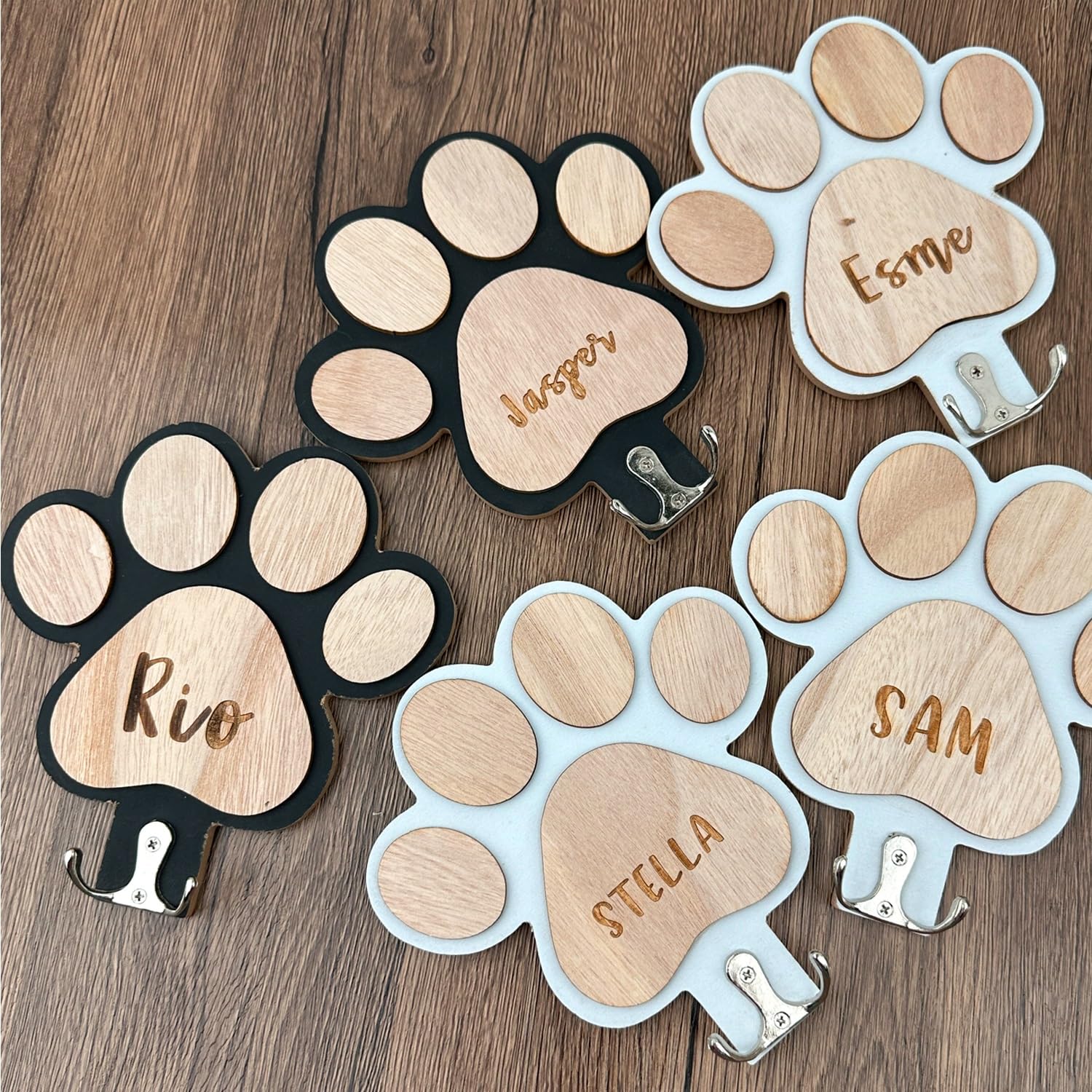 Bbgdp One Color Personalised Dog Lead Holder，Personalized Wooden Paw Print Leash Hook，Custom Engraved Wall Holder, Home Decor, Mounted