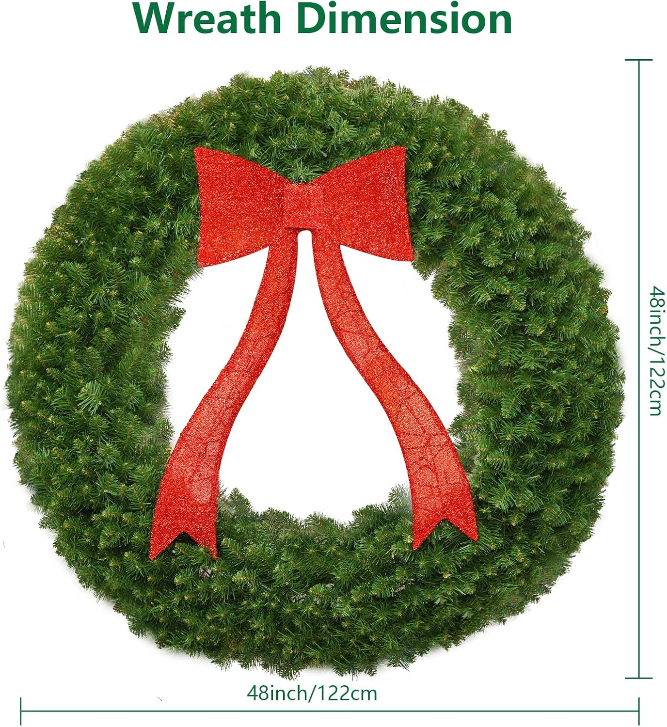 48in Christmas Wreath, 250 LED Lights (Warm White & Color, 10 Lighting Modes), Glowing Red Bow, 714 PVC Branch Tips, Power Plug-in, with Hooks, Holiday Decoration, Outdoor Door Decoration