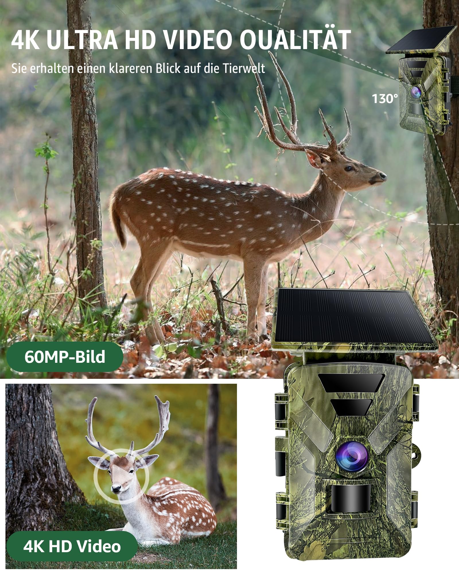 HAZA Wildkamera Solar WLAN mit Handyübertragung App,5200mAh Solarpanel Akku 4K HD Video WiFi Bluetooth wildtierkamera mit nachtsicht bewegungsmelder,64GB SD-Karte Wildcamera Outdoor IP66 Wasserdicht
