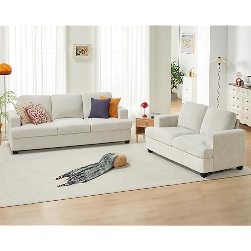 VanAcc Sofa, 2 Piece Set Comfy Couch with Extra Deep Seats, Modern Sofa- Sofa Couch for Living Room Apartment Lounge, Beige Chenille