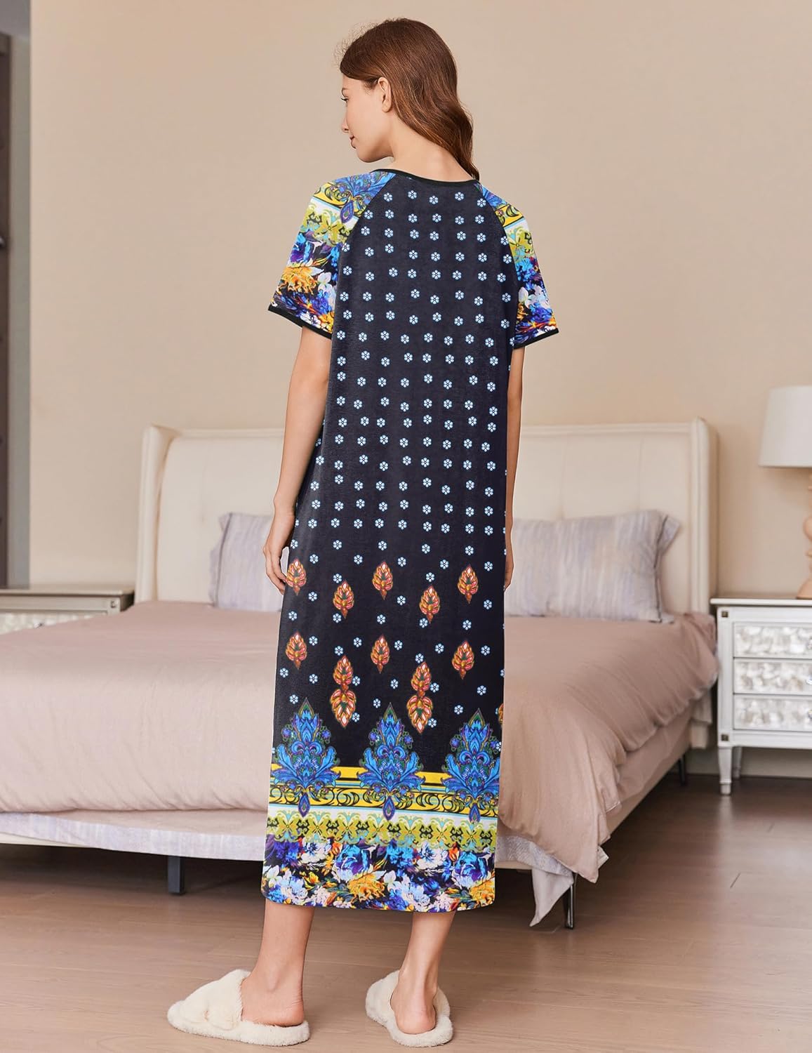 Ekouaer Women Long House Coat Zipper Front Robes Full Length Nightgowns with Pockets Striped Loungewear S-4XL - Image 2