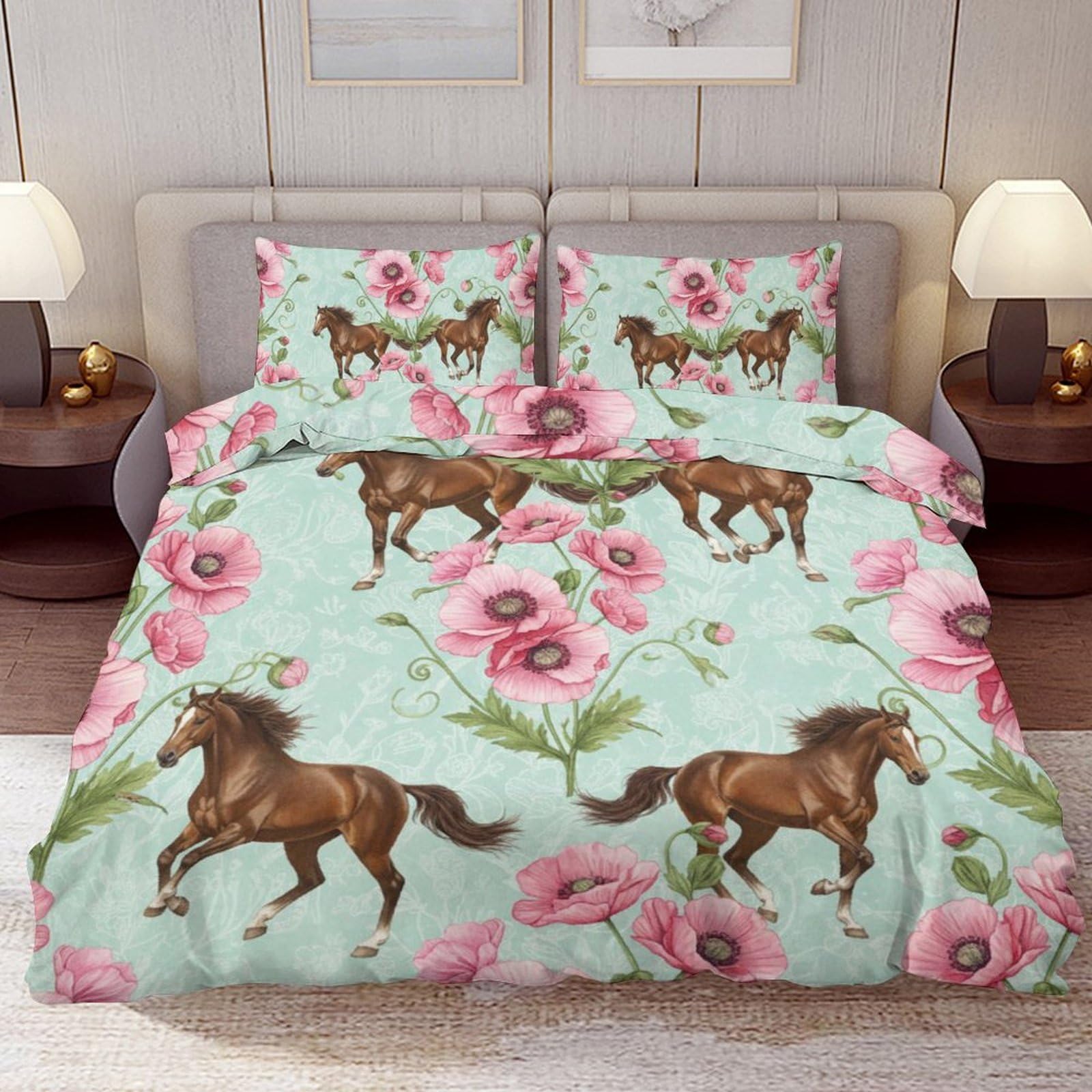 Delerain Comforter Cover Set Queen Size, Brown Horses Poppy Flower 3-Piece Bedding Set for Women Men Modern Soft Microfiber Bedroom Set Room Decor, 1 Duvet Cover + 2 Pillowcases