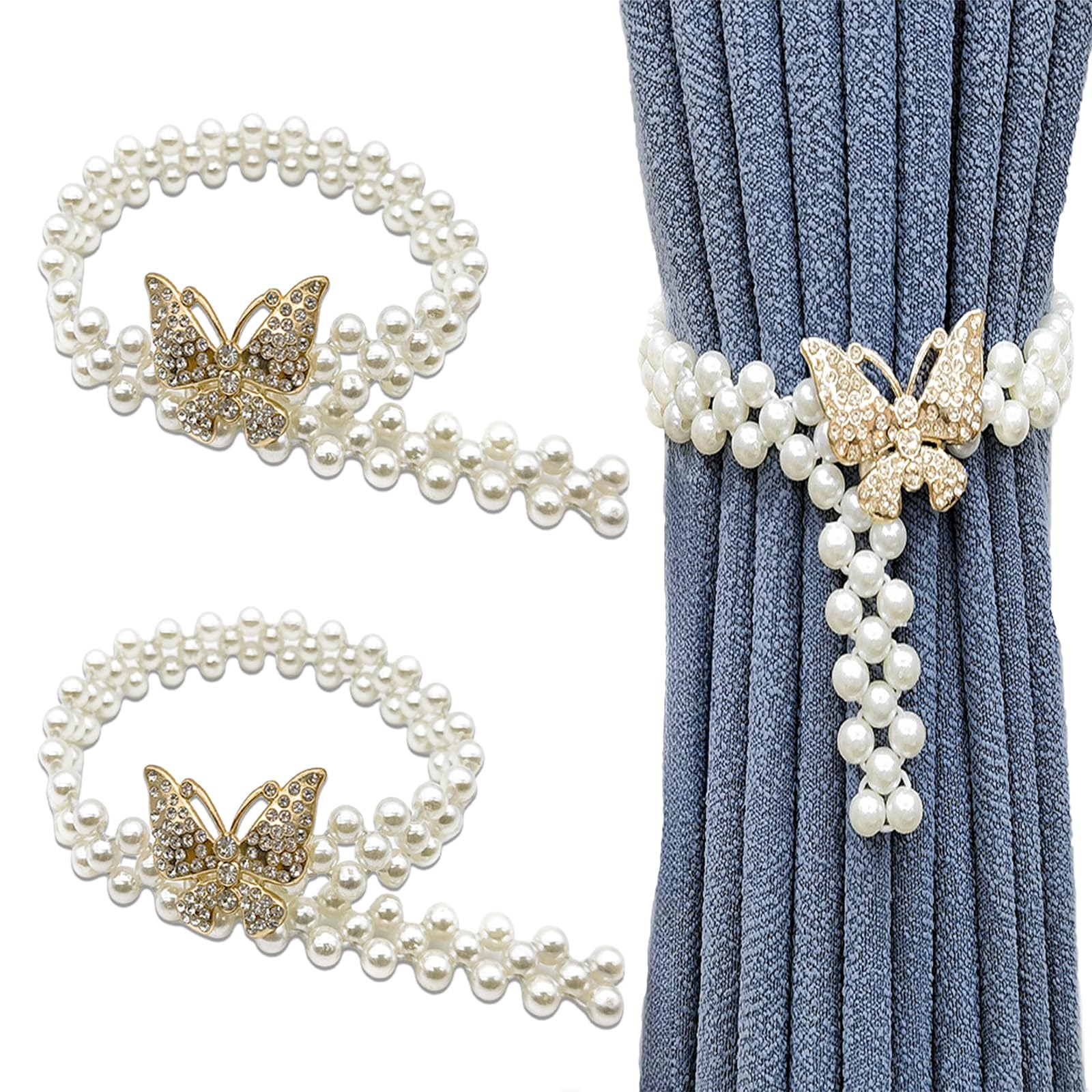 Wumuzai 2 Pack Beaded Pearl Butterfly Elastic Curtain Tiebacks, Decorative Curtain Tie Hold Backs, Boho Farmhouse Curtain Pull Backs Bow, Cute Curtain Buckle Clip Holders for Drape Decor (Gold)