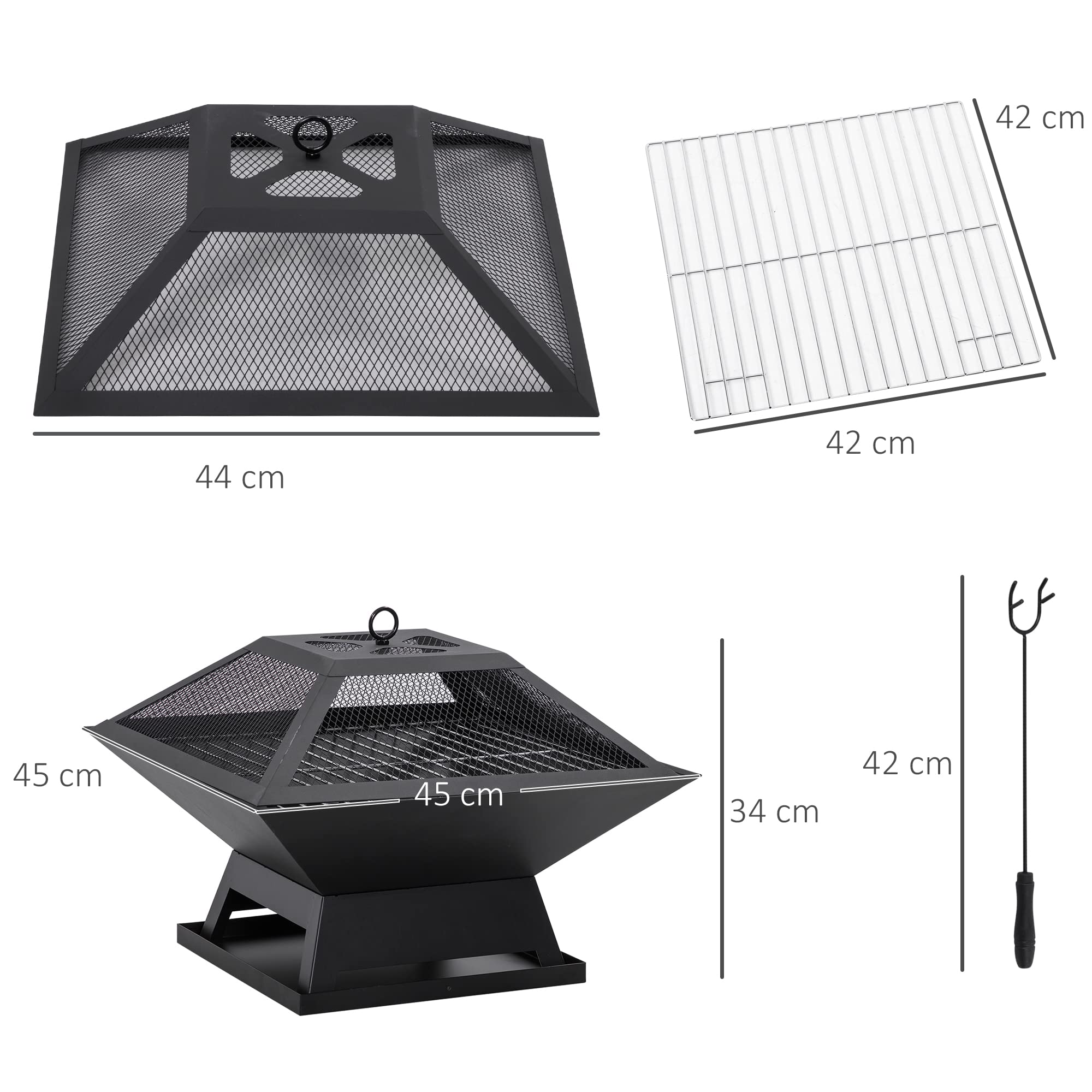 Outsunny ciotola per fuoco con griglia parascintille cesto per fuoco a poker per giardino campeggio BBQ acciaio nero 45 x 45 x 34 cm