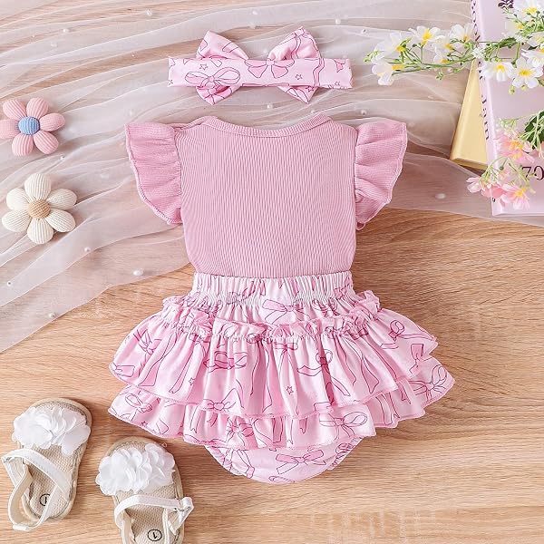 Conjunto Vestido para Niñas Recién Nacidas Top de Punto con Volantes de Sin Mangas + Bowknot Faldas + Diadema 3Pcs Elegante Ropa Trajes - 3