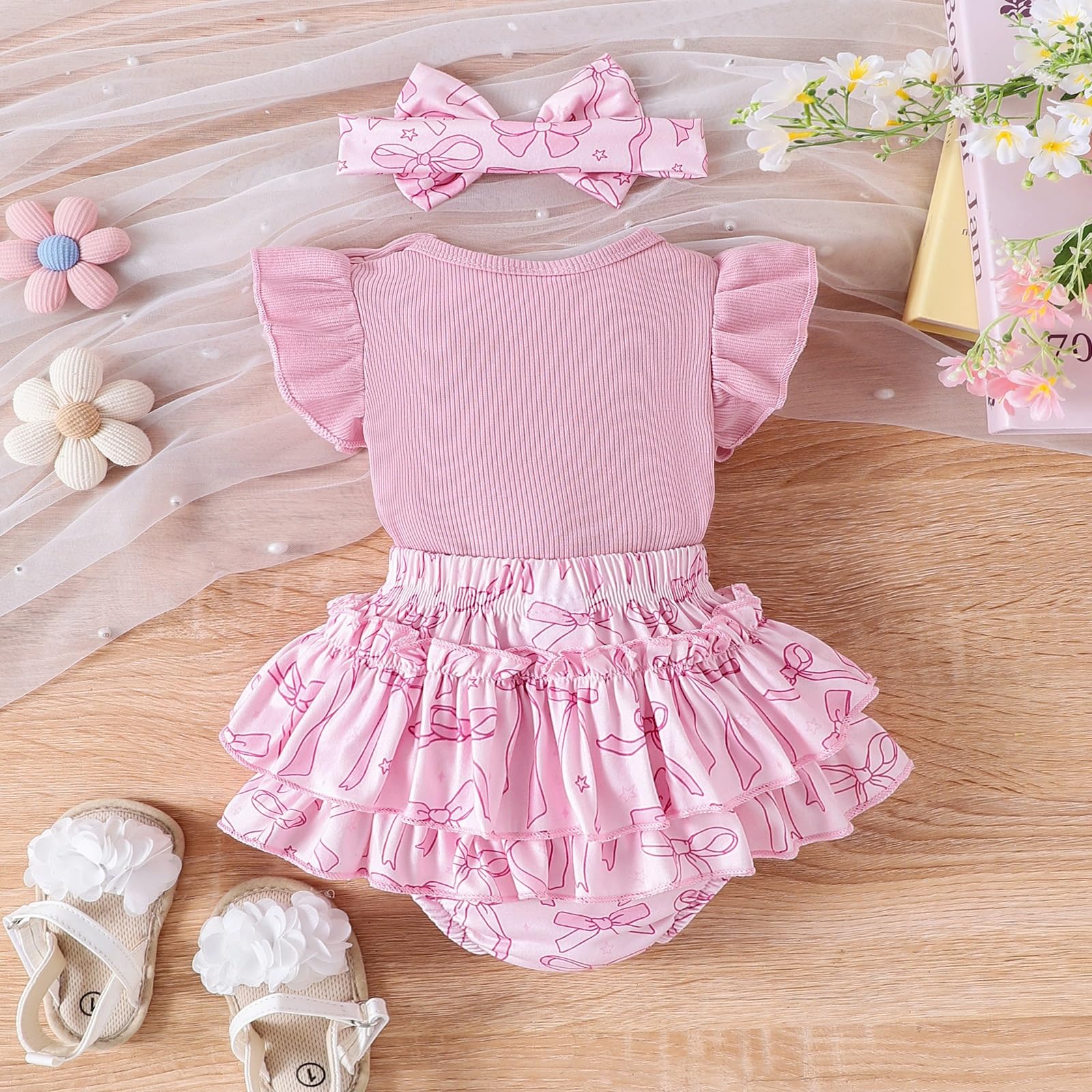 Conjunto Vestido para Niñas Recién Nacidas Top de Punto con Volantes de Sin Mangas + Bowknot Faldas + Diadema 3Pcs Elegante Ropa Trajes — view 3
