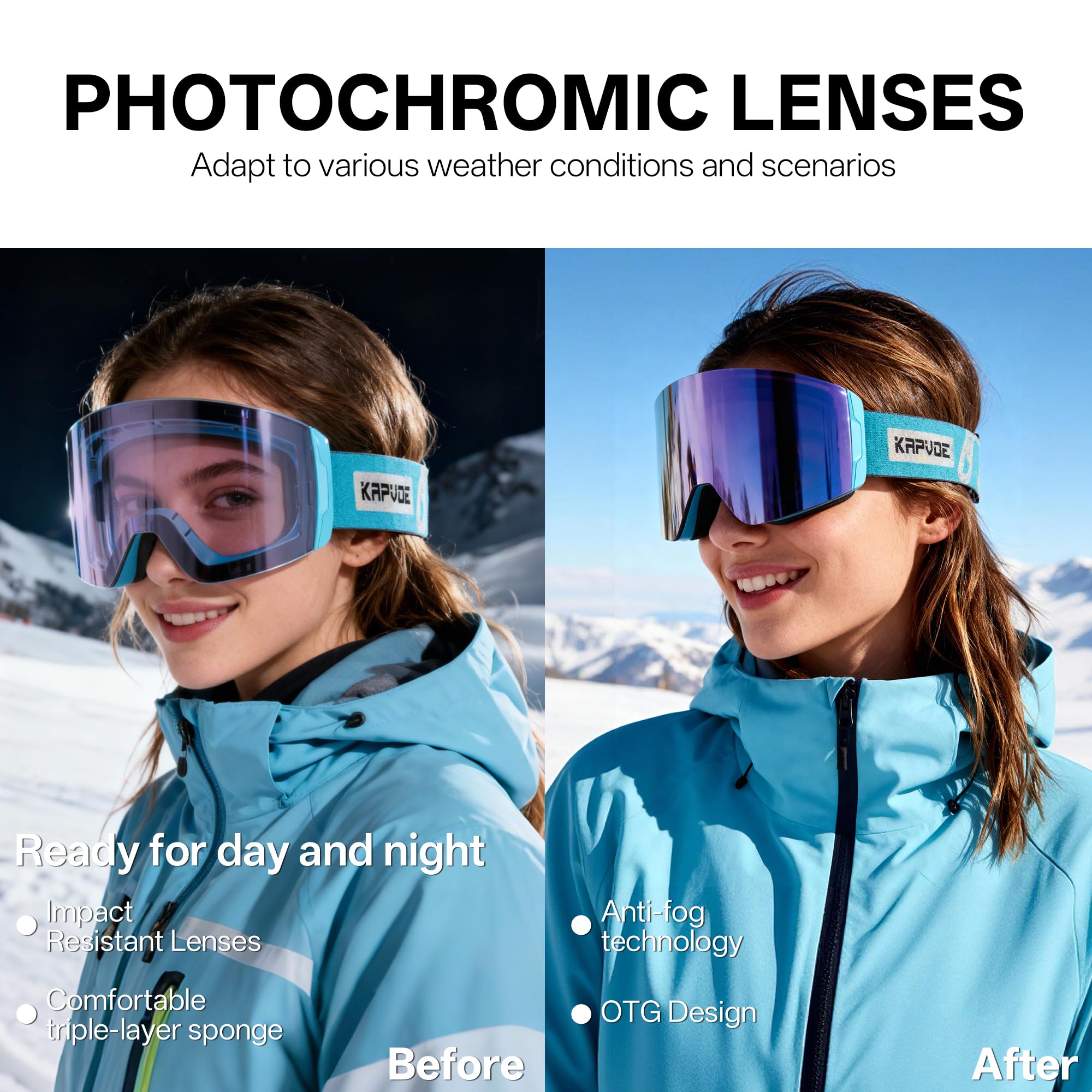 KAPVOE Lunettes de Ski avec Lentilles Photocromatiques, Lentilles Magnétiques, Antibuée, OTG pour Homme, Femme K0718