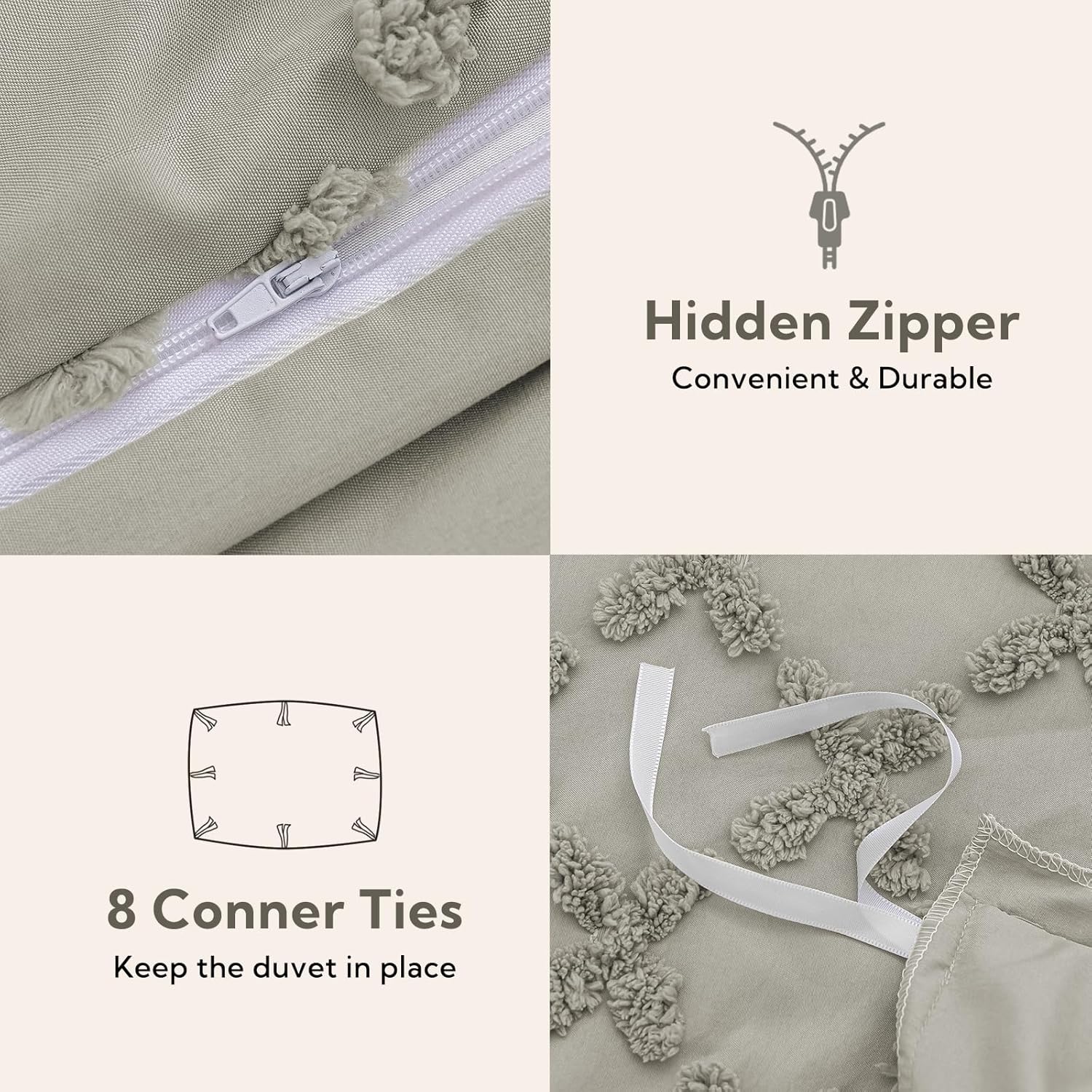 MILDLY Boho Duvet Cover Queen Size, 3 Pieces Shabby Chic Tufted Mist Sage Duvet Cover Sets for Home, Soft Boho Textured Bedding Set for All Seasons-No Comforter