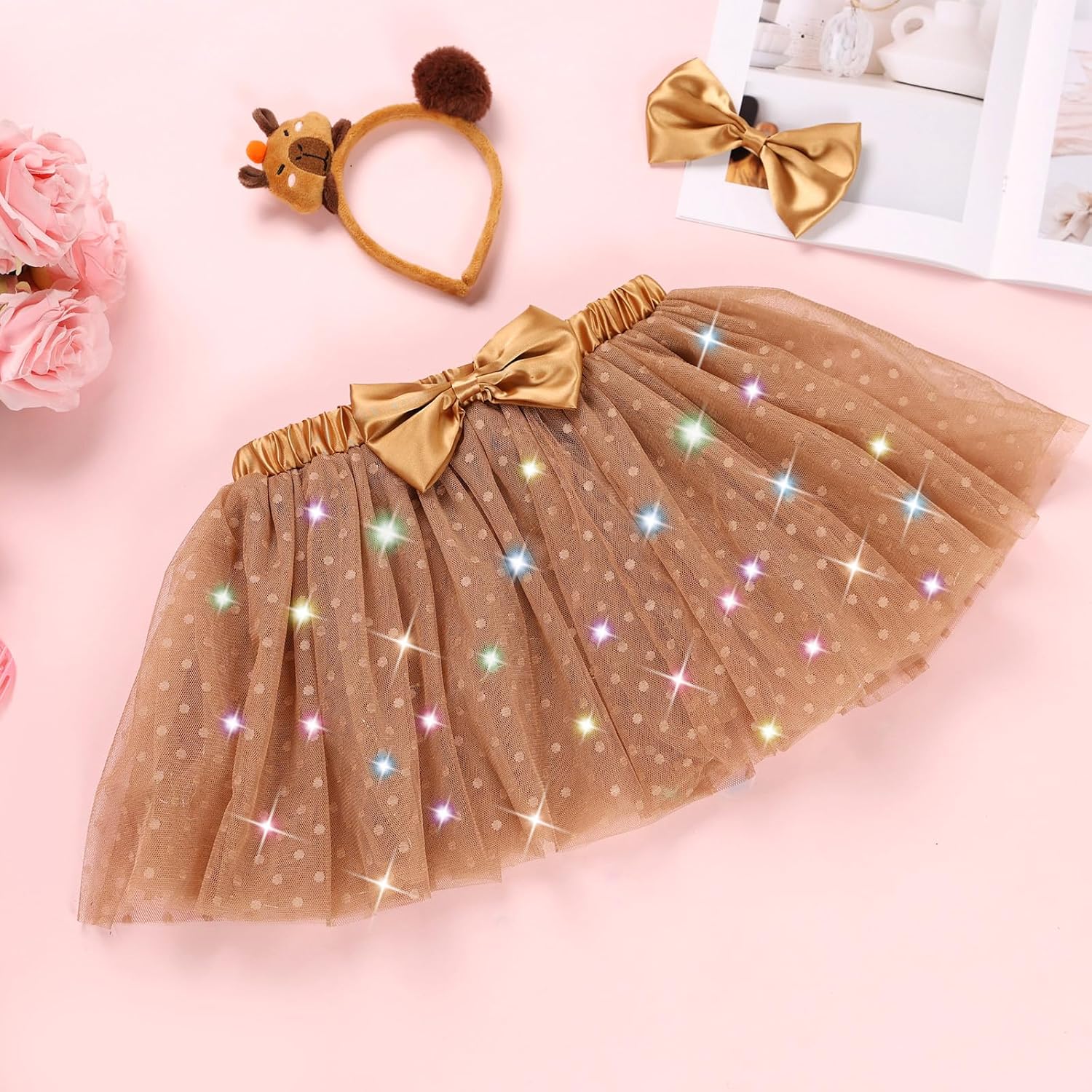 PinkSheep Girls Costume Set,Led Light Up Girls Tutu Skirt with Headband Bow Tie, Kids School Party Outfit Dress Up Cosplay