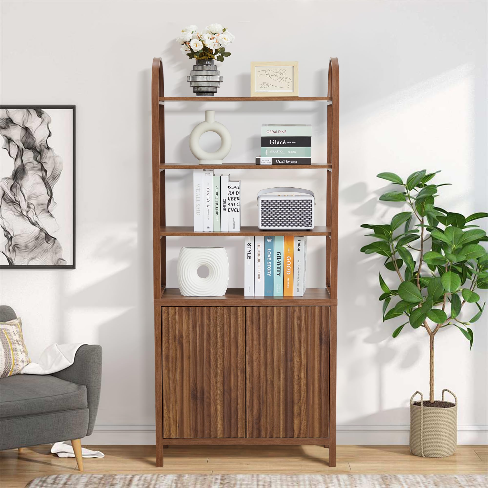 Wavy Front Design 4-stöckiger offener Bücherregal-Aufbewahrungsschrank – MDF-Holz-Regalorganizer für Wohnzimmer, Schlafzimmer, Home Office – Freistehendes modernes Regal mit Türen