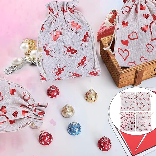 Miniatura 4 de JANEMO 4 bolsas de arpillera, bolsas de arpillera de San Valentín con cordón, bolsa de regalo de San Valentín de 7 x 5 pulgadas para dulces,