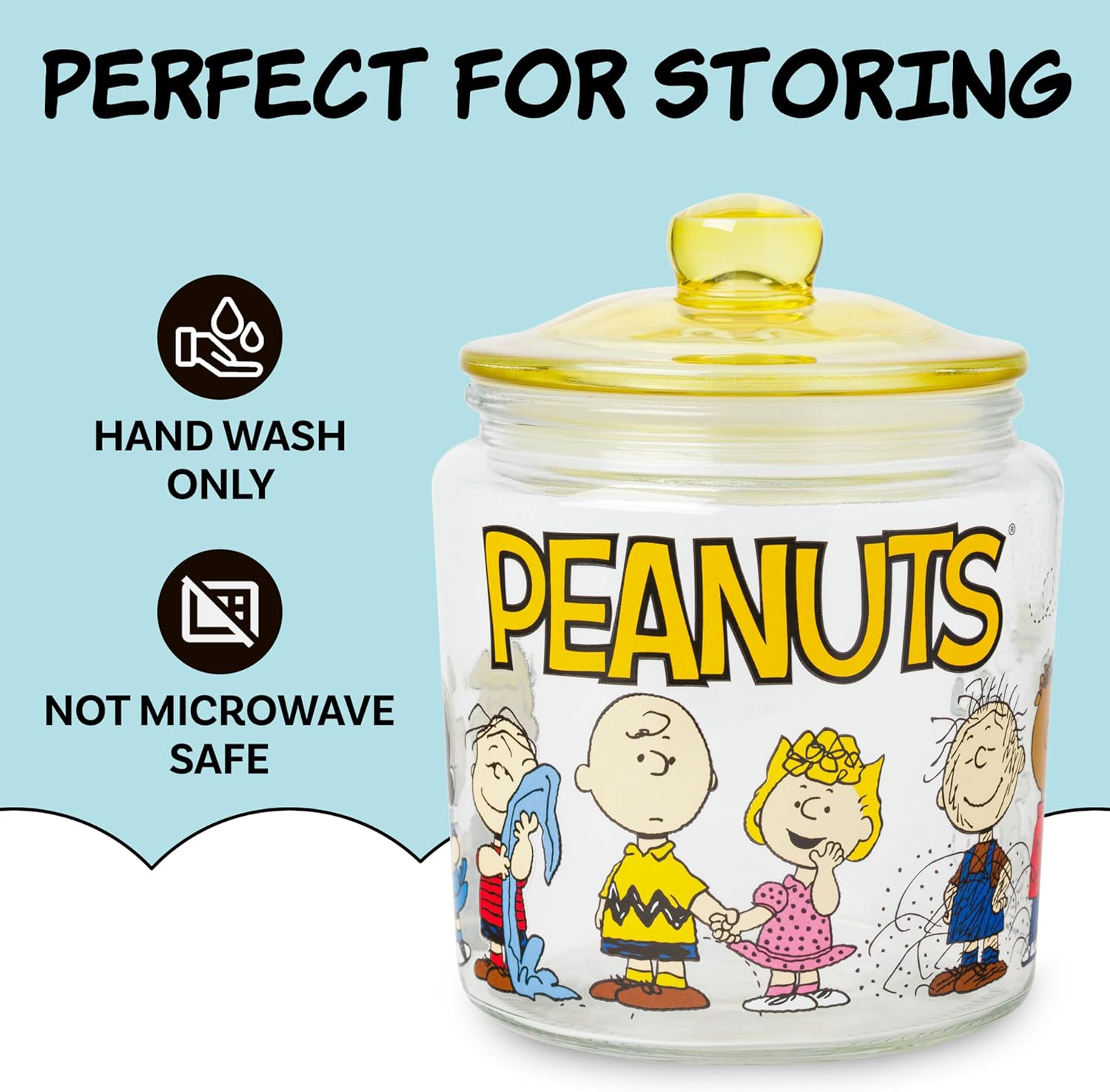 Silver Buffalo Peanuts Squad Featuring Charlie Brown, Snoopy, Schroeder, Lucy, Linus, Sally, Pigpen, Woodstock, and Franklin Glass Cookie Snack Candy Jar with Lid (Small) - Image 4