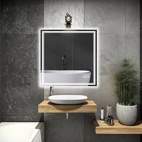 Miniatura 2 de Espejo de baño LED de 30x30 pulgadas con iluminación frontal y trasera (control independiente), espejo iluminado para pared de baño con 3 colores