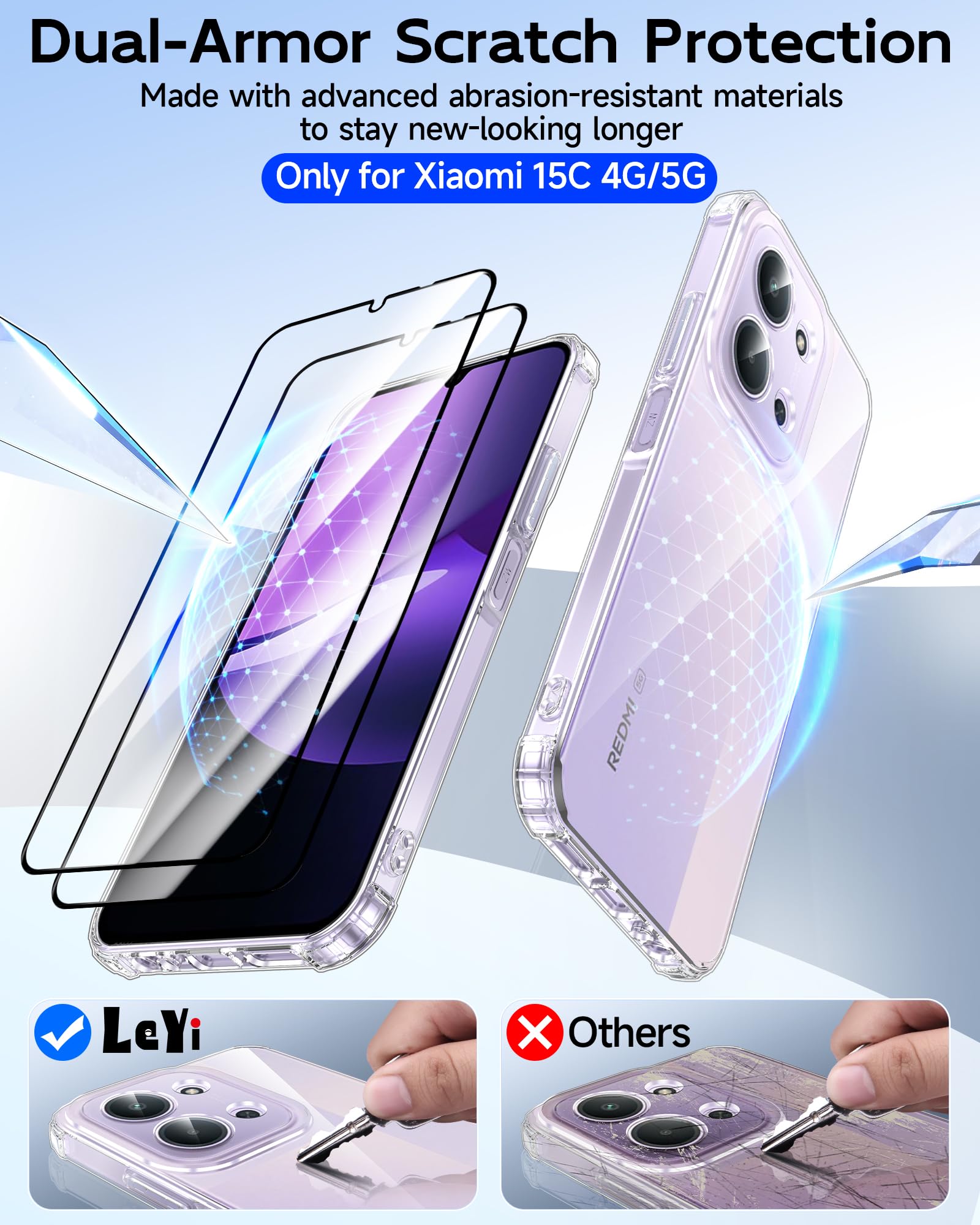 LeYi Etui na Redmi 15C 4G z 2 szkłem hartowanym, ochrona aparatu Etui silikonowe miękkie TPU Bumper Oryginalny Slim Odporny na wstrząsy Etui na telefon Redmi 15C 4G, przezroczysty