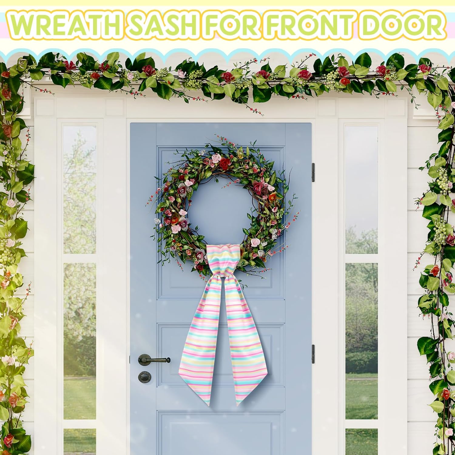 VitalCozy Wreath Sash for Front Door Wreath Satin Sash for Embroidery Monogram Garland Ribbon Accessories Xmas Party Yard Doorway Indoor Outdoor Wall(Colorful Stripe) - Image 2