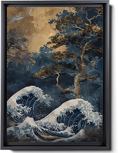 Canvas Print Canvas Framed Canvas Wall Art Wood Panel Retro Wave Art A Storm Wall Art Print Sea Wave In The Night And Trees Stormy Waves Art Wall