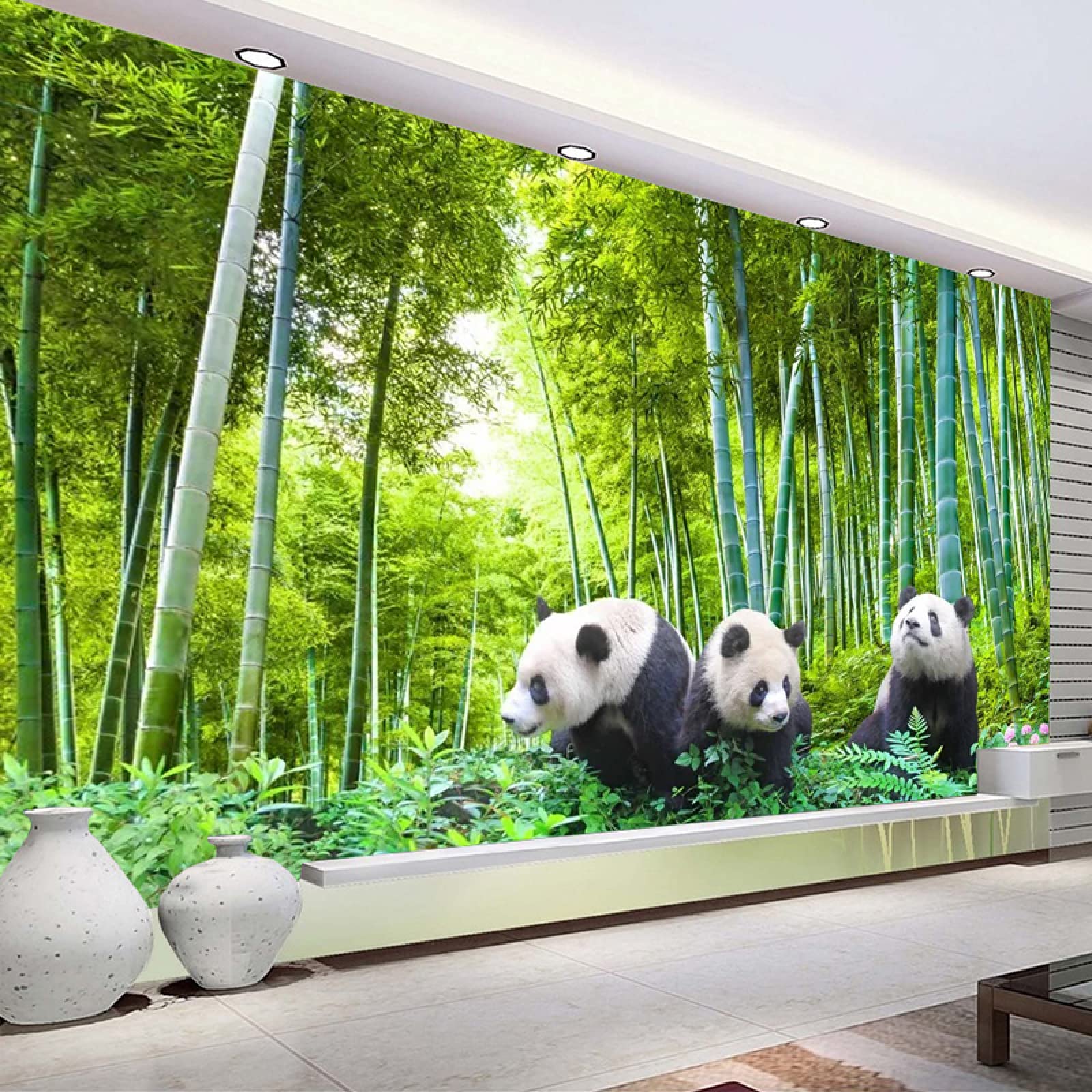 Papier peint vert panda pour chambre zen : fresque forêt bambou 3D autocollante et lavable
