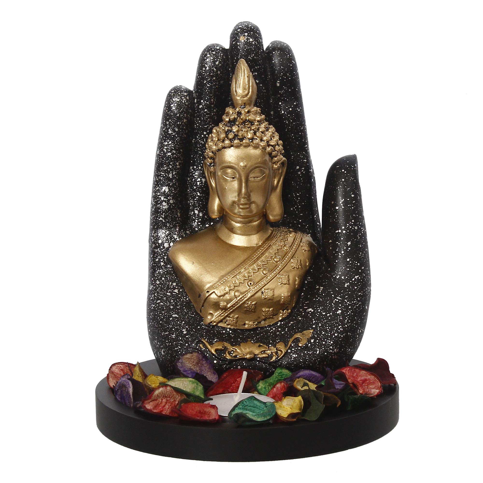 eCraftIndia Golden Silver Handcrafted Palm Buddha with Wooden Base, Fragranced Petals and Tealight