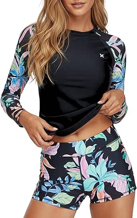 Hurley Women's Two Piece Rash Guard & Swim Shorts, Long Sleeve Swim Shirt, Quick Dry Swimsuits UPF 50+ SPF Sun & UV Protection