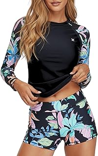 Hurley Women's 2-Piece Rash Guard & Swim Shorts Set, Long Sleeve Swimsuit | UPF 50+ Sun & UV Protection, Quick-Dry Fabri