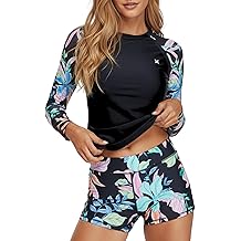 Womens Two Piece Rash Guard &amp; Swim Shorts, Long Sleeve Swim Shirt, Quick Dry Swimsuits UPF 50+ SPF Sun &amp; UV Protection
