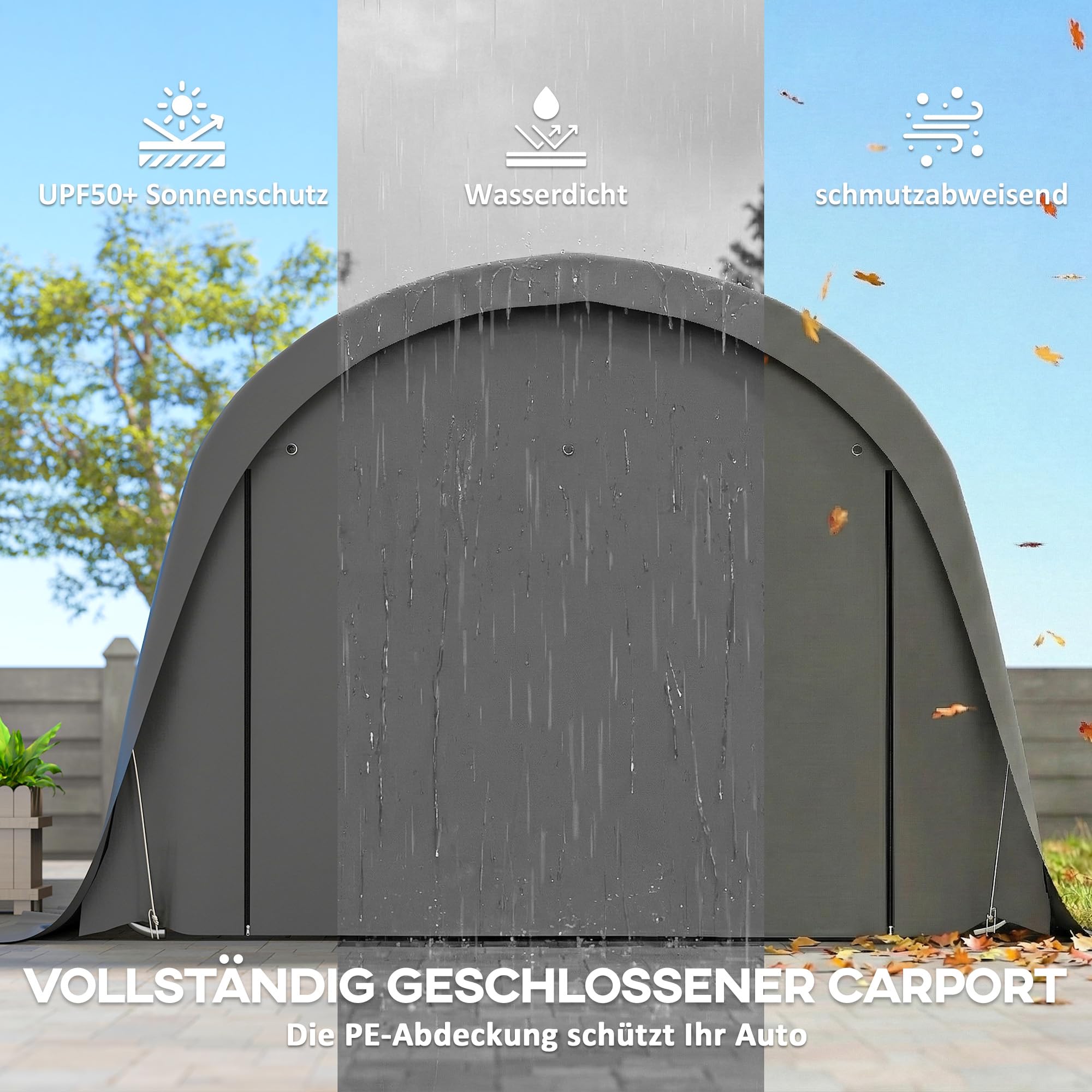 Outsunny Carport Zeltgarage 3x6m Wasserdichtes Lagerzelt mit abnehmbaren Seitenwänden großer Rolltor Bogendach, UPF50+ Winterfest Garagenzelt UV-beständig Unterstand für Auto SUV Boot, Dunkelgrau