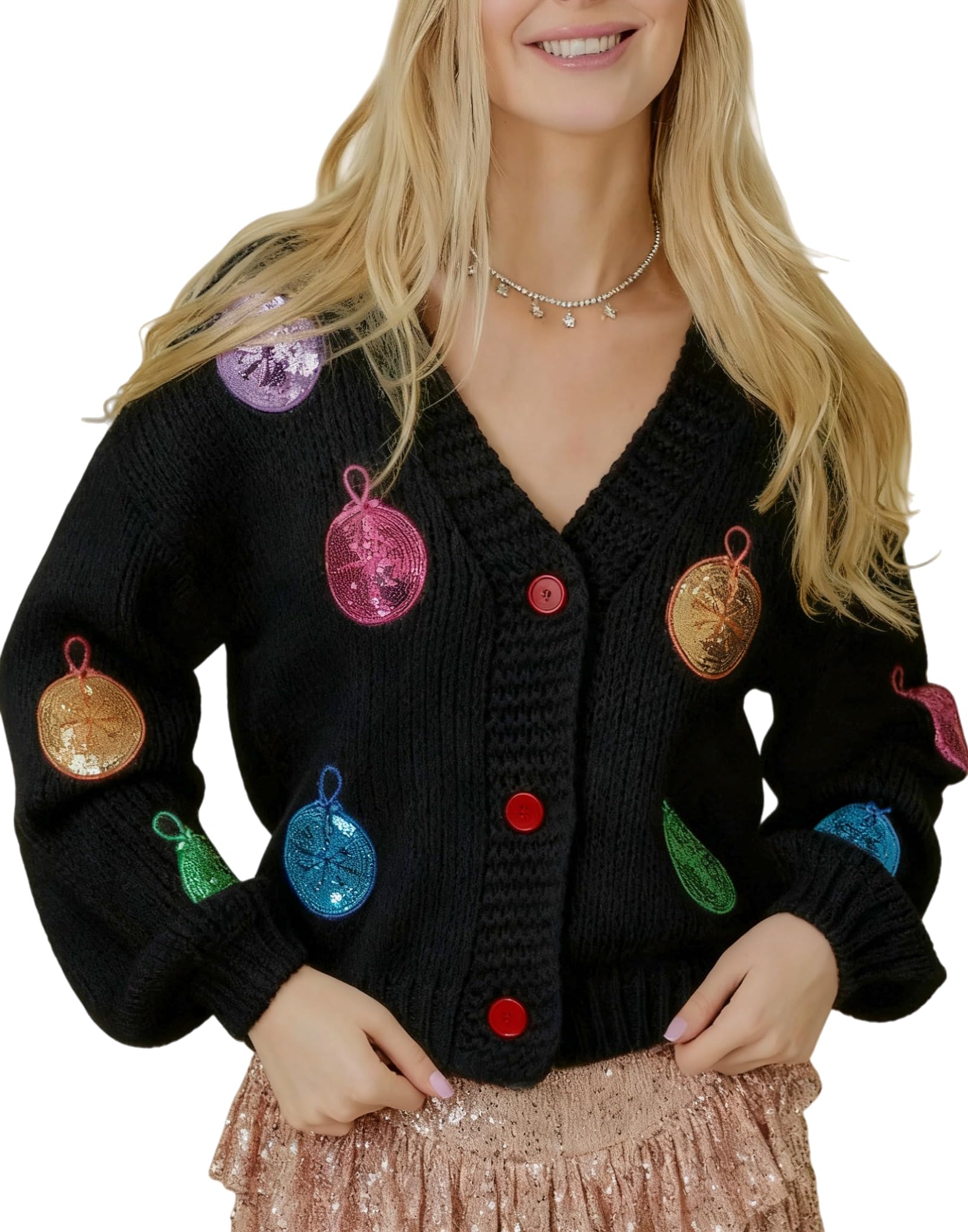 Christmas Sequin Cardigan Women Funny Button Ugly Christmas Sweater Xmas Long Sleeve Open Front Knitted Sweater